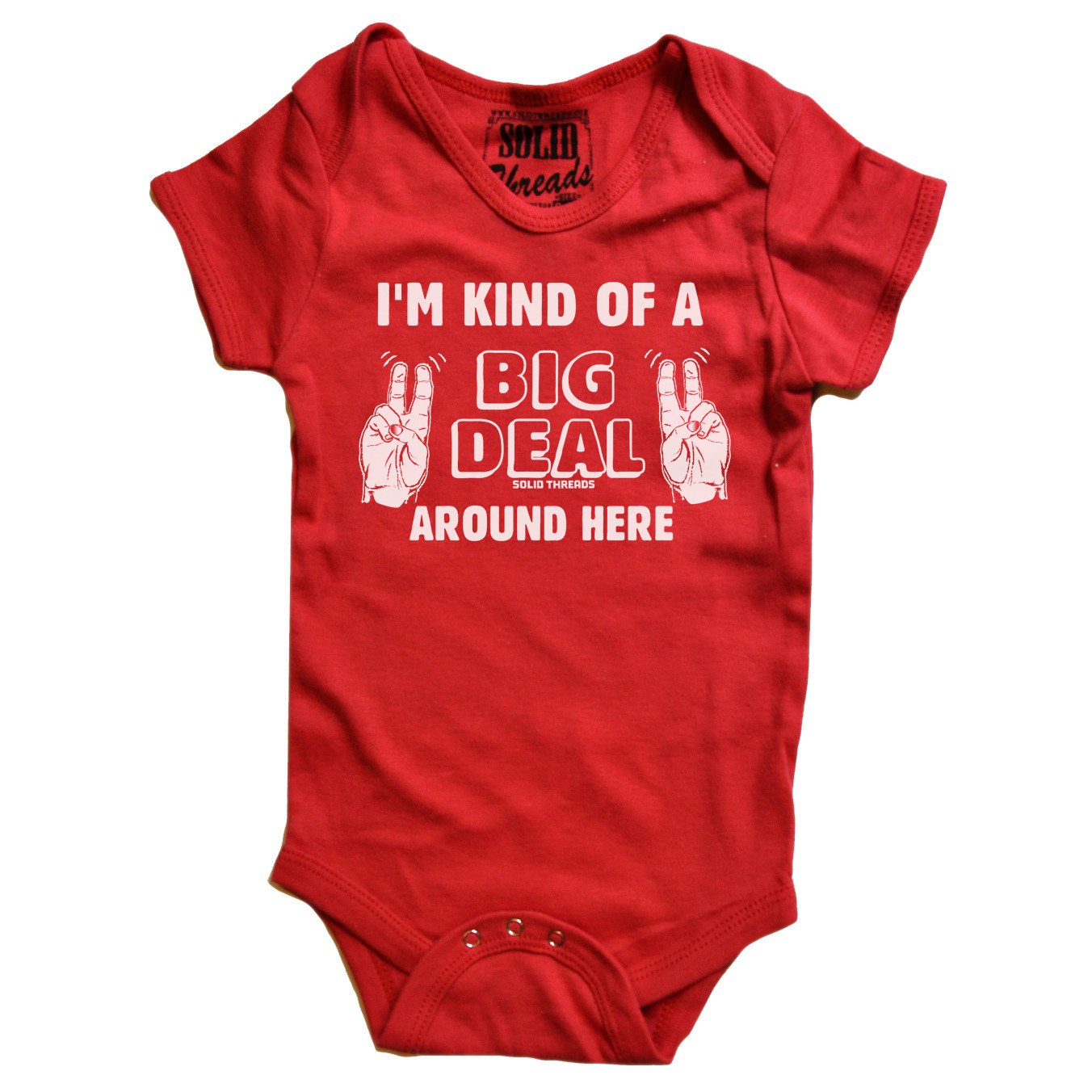 Baby Big Deal Around Here Retro Graphic One Piece | Funny Anchorman Soft Red Romper | Solid Threads