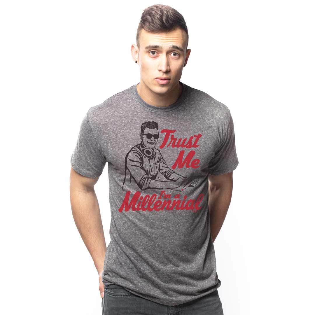 Men's Trust Me, I'm A Millennial Retro Graphic T-Shirt | Funny 90s Kid Tee on Model | Solid Threads