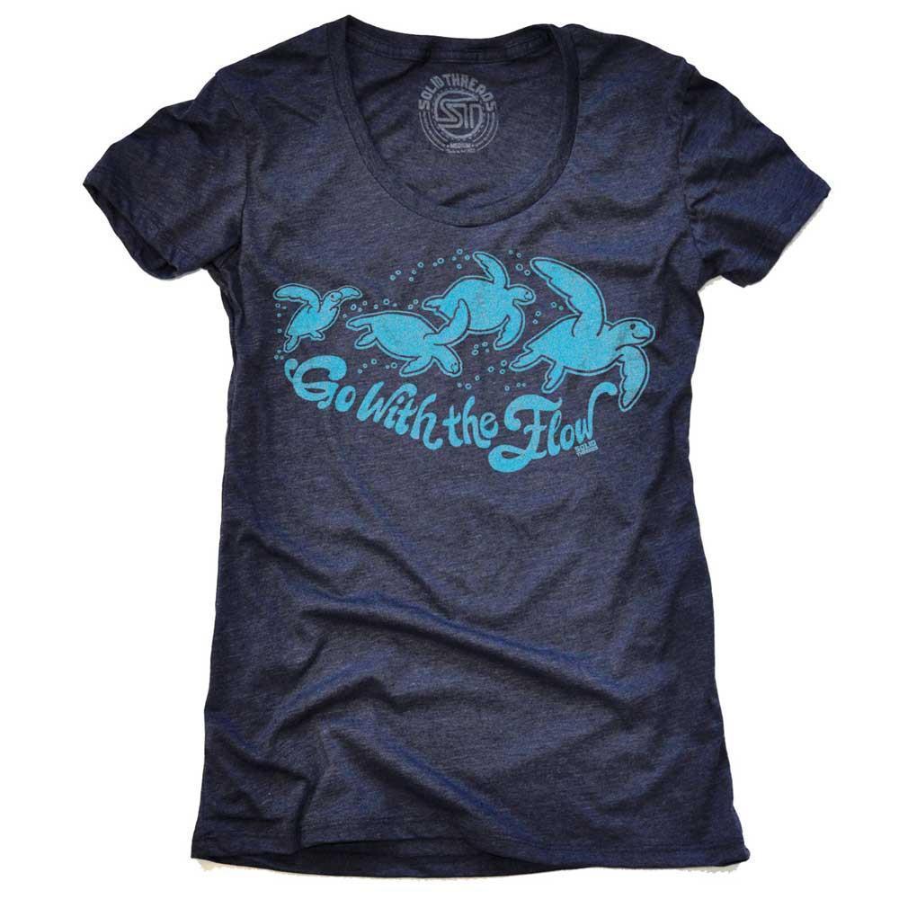Women&#39;s Go With The Flow Vintage Sea Turtle Graphic Tee | Retro Mindfulness T-shirt | SOLID THREADS