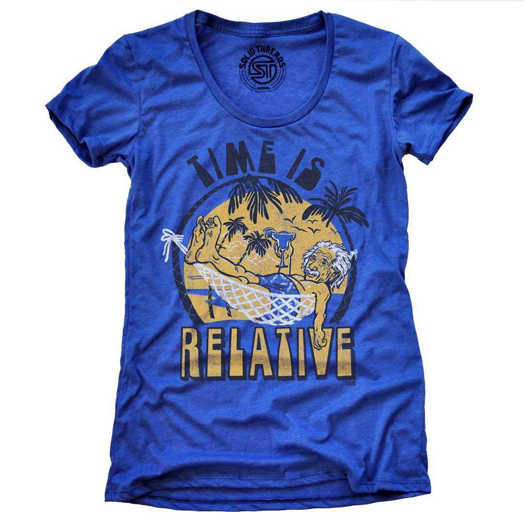 Women's Time Is Relative Vintage Graphic Tee | Funny Einstein Yellow Blue T-shirt | Solid Threads