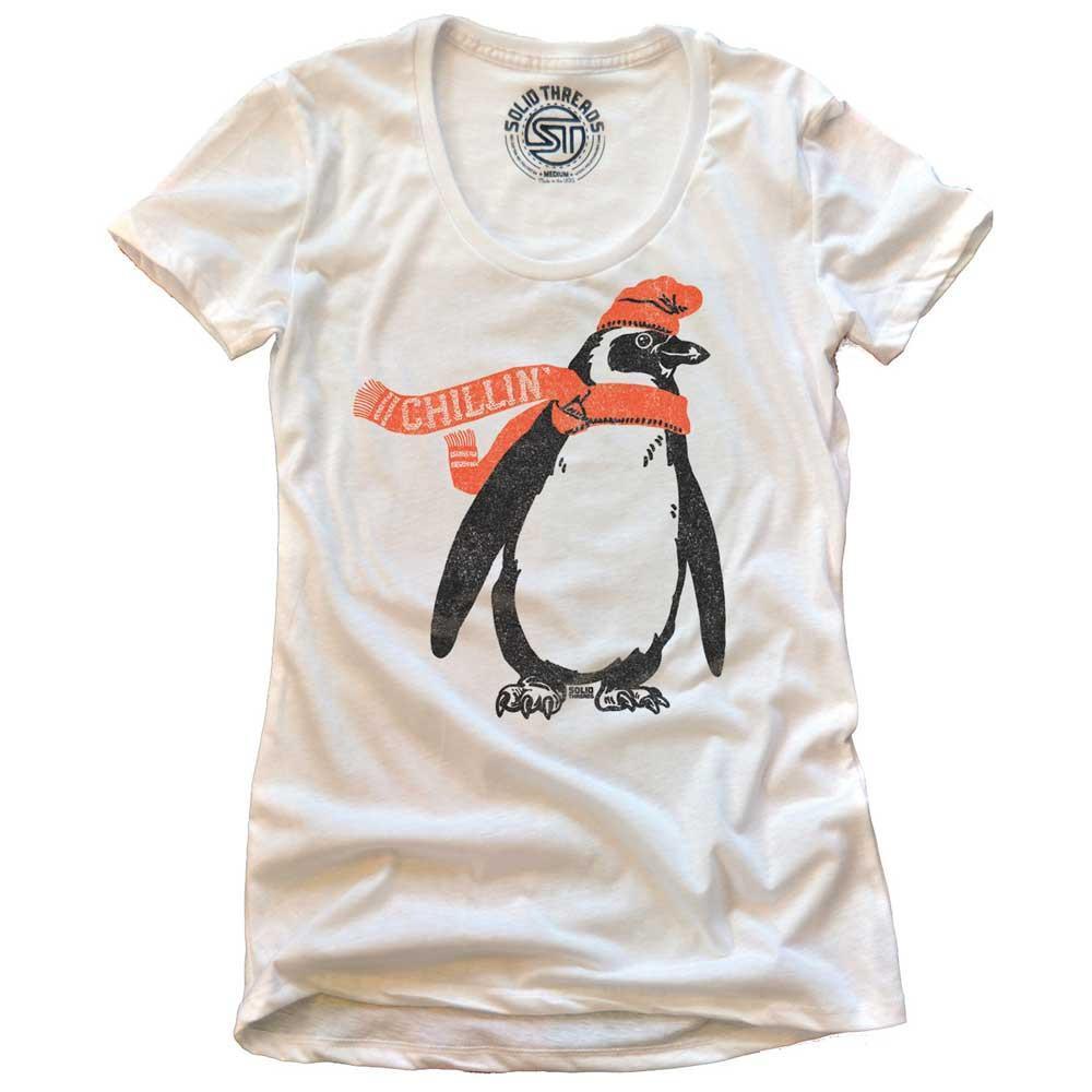 Women&#39;s Chillin Cool Christmas Season Graphic T-Shirt | Vintage Cute Penguin Tee | Solid Threads