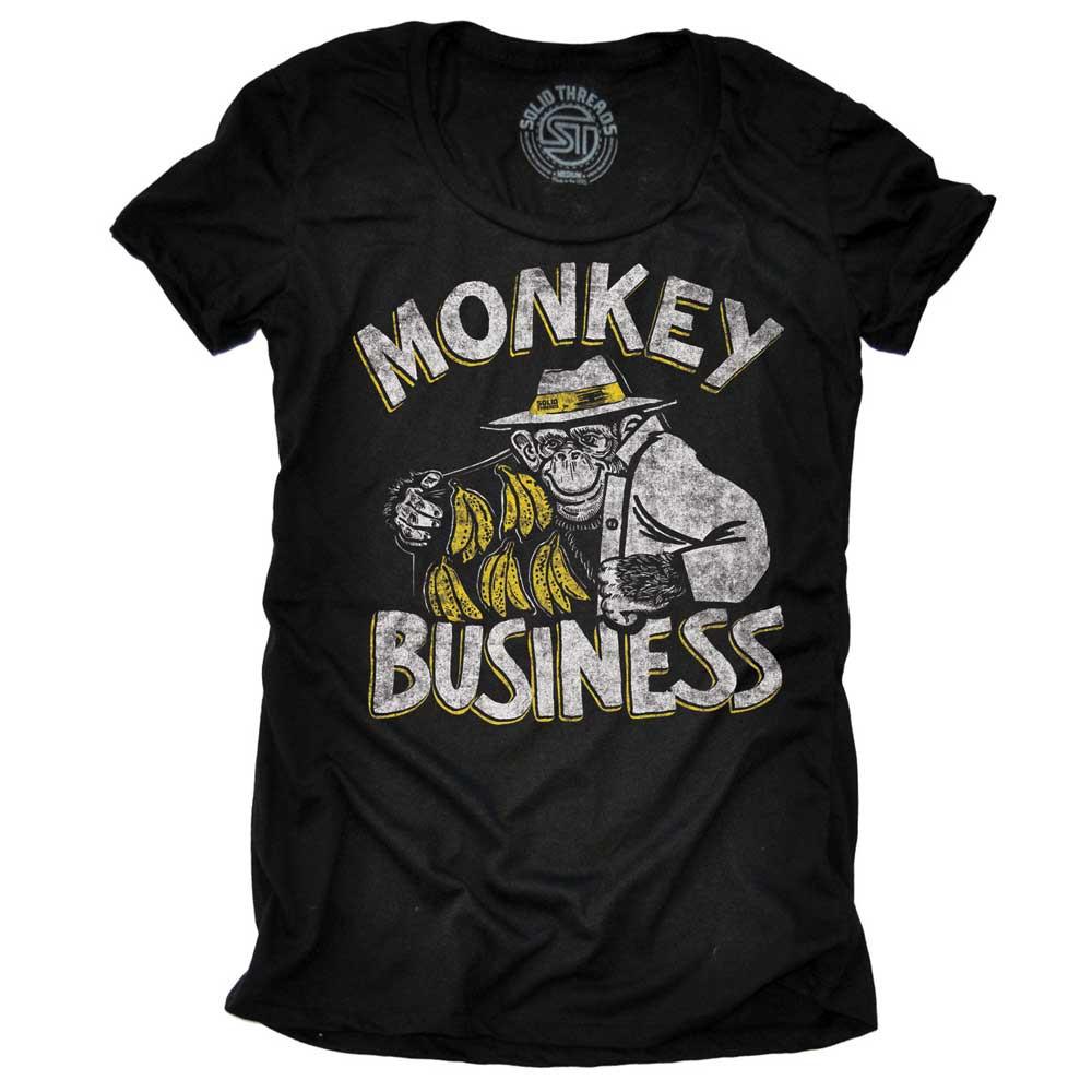 Women&#39;s Monkey Business Vintage Animal Graphic T-Shirt | Funny Shenanigans Tee | Solid Threads