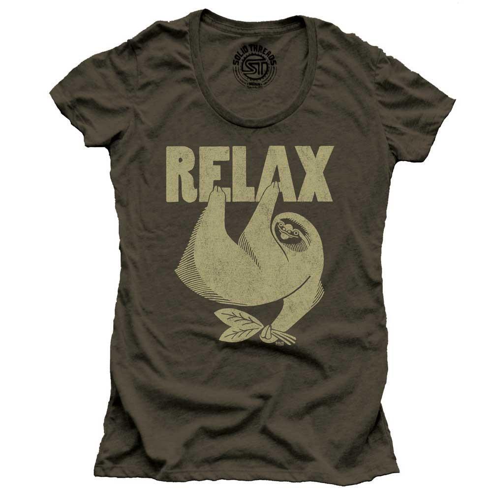 Women&#39;s Relax Sloth Vintage Animal Graphic T-Shirt | Funny Mindfulness Soft Tee | Solid Threads