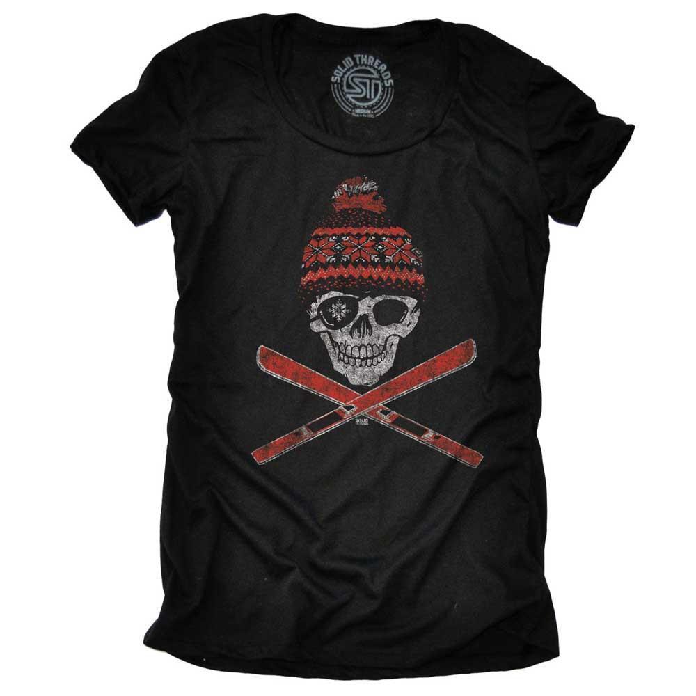 Women&#39;s Ski Skull Cool Snow Mountain Graphic T-Shirt | Vintage Winter Sports Tee | Solid Threads