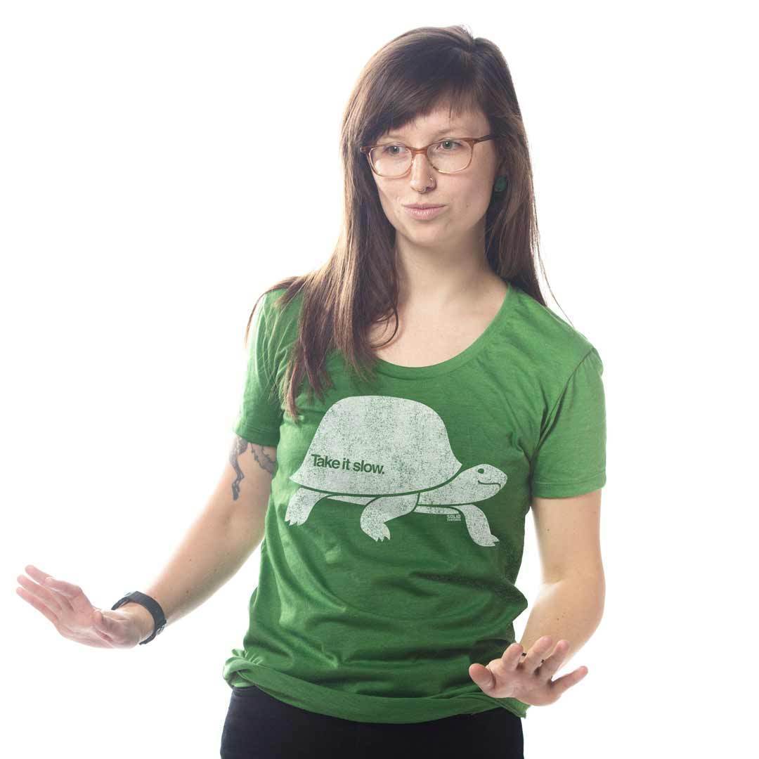 Women's Take It Slow Vintage Graphic T-Shirt | Cool Turtle Triblend T-Shirt on Model | Solid Threads