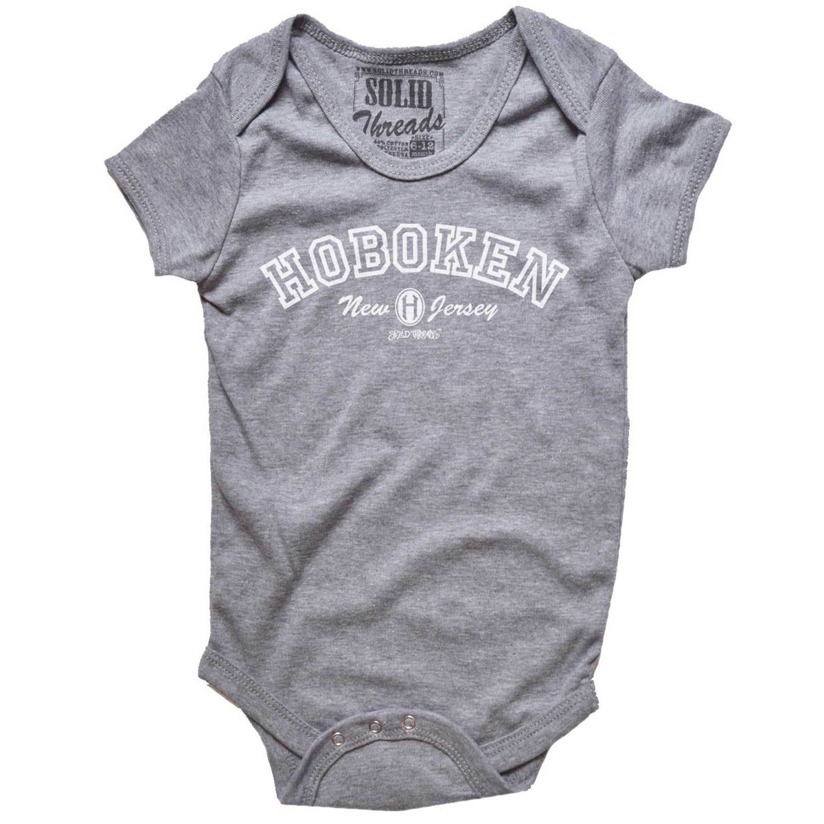 Baby Hoboken Collegiate Cool Graphic One Piece | Retro New Jersey Soft Romper | Solid Threads