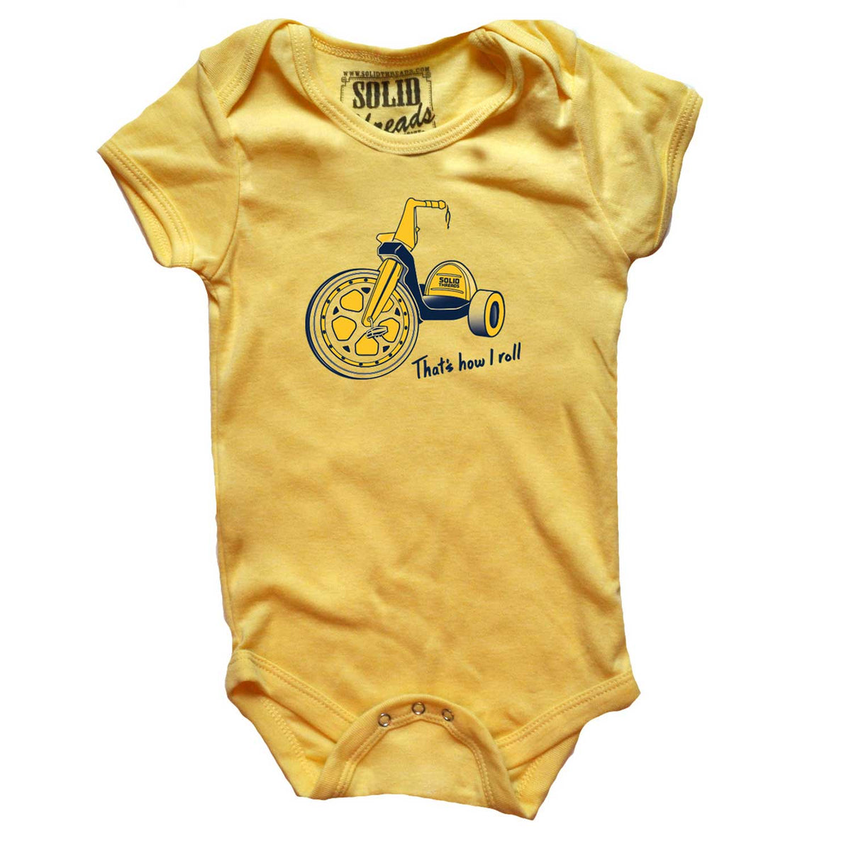 Baby How I Roll Funny Playground Graphic One Piece | Cute Bicycle Yellow Romper | Solid Threads