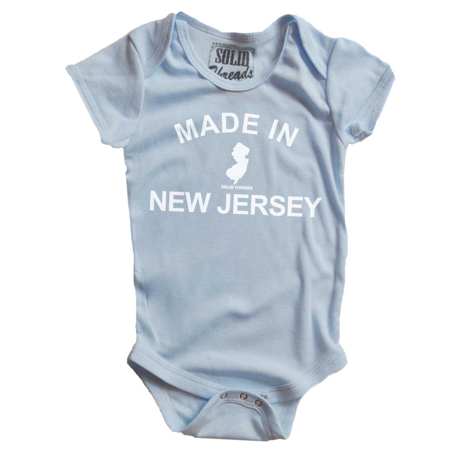 Baby Made New Jersey Cool Graphic One Piece | Retro Garden State Light Blue Romper | Solid Threads