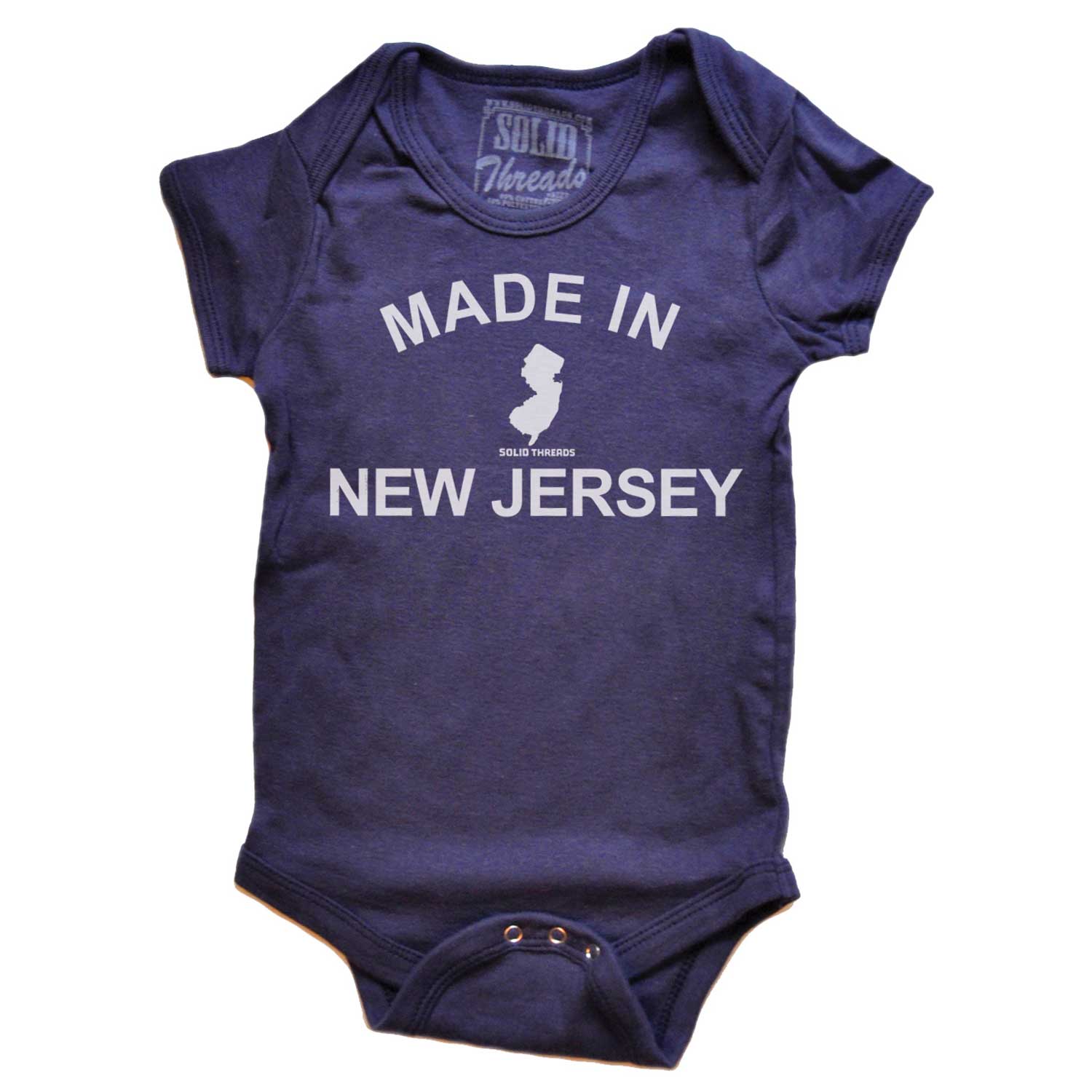 Baby Made In New Jersey Cool Graphic One Piece | Retro Garden State Navy Romper | Solid Threads