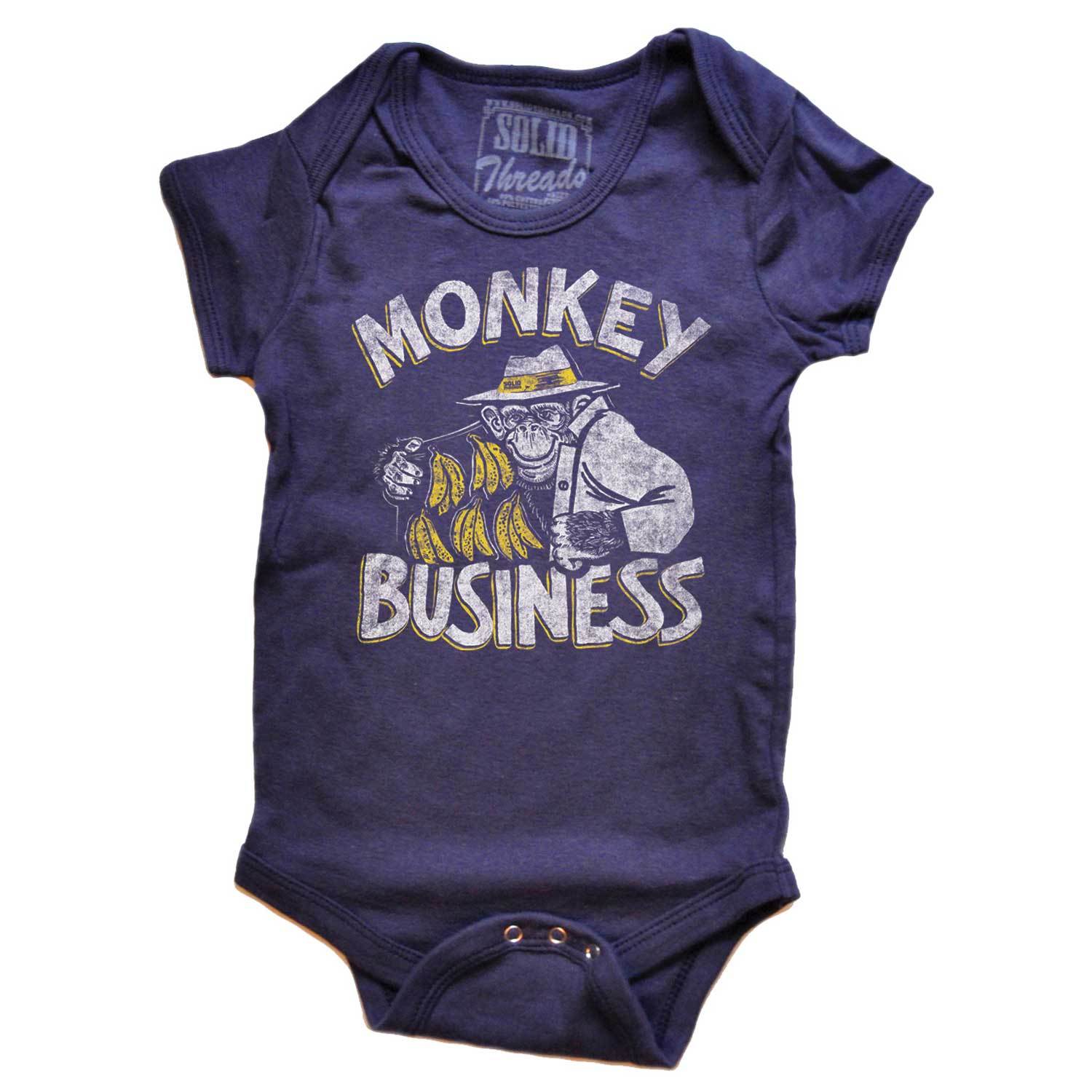 Baby Monkey Business Cute Shenanigans Graphic One Piece | Funny Silly Animal Romper | Solid Threads