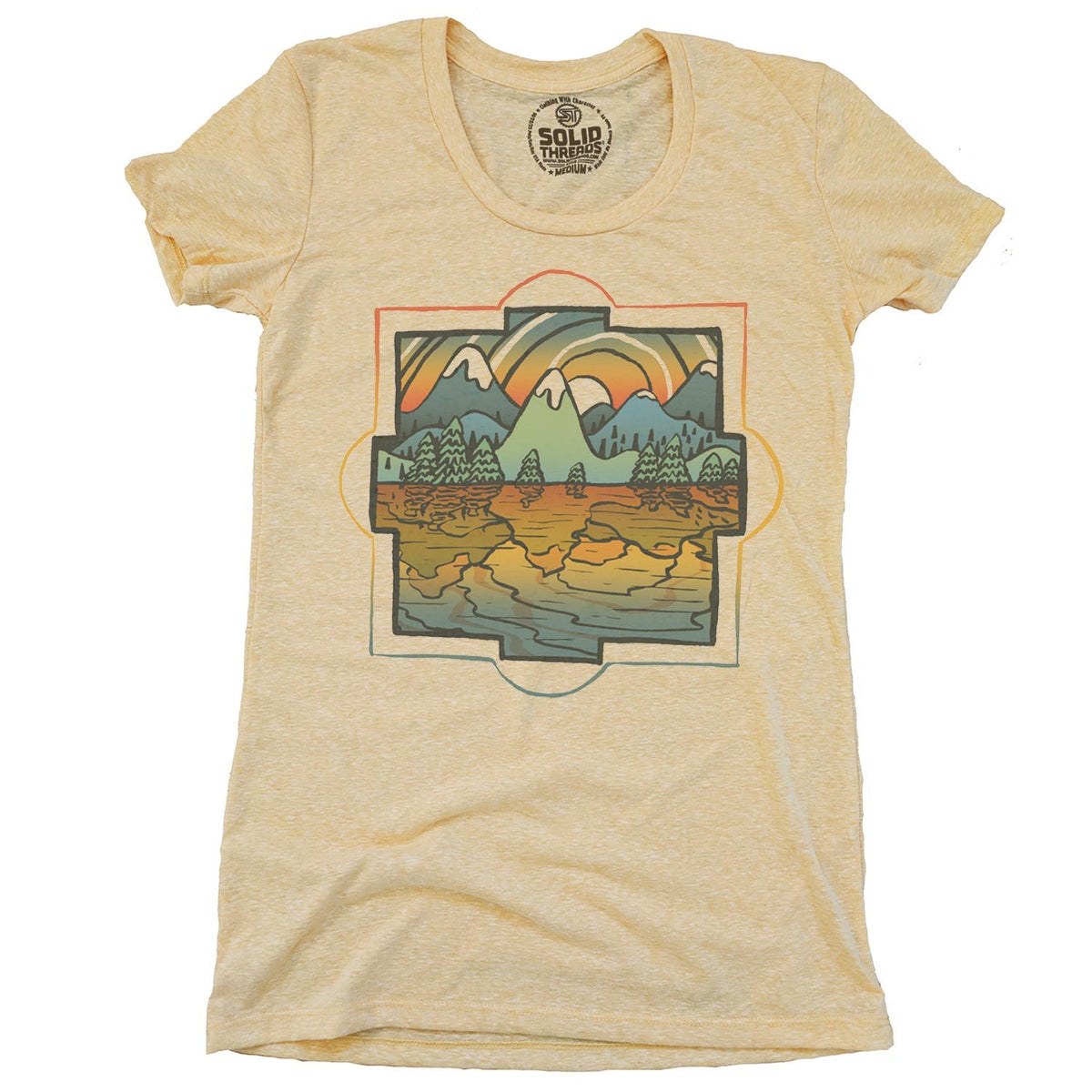 Women&#39;s Reflections Vintage Nature Graphic Tee | Retro Colorful Mountains T-Shirt | Solid Threads