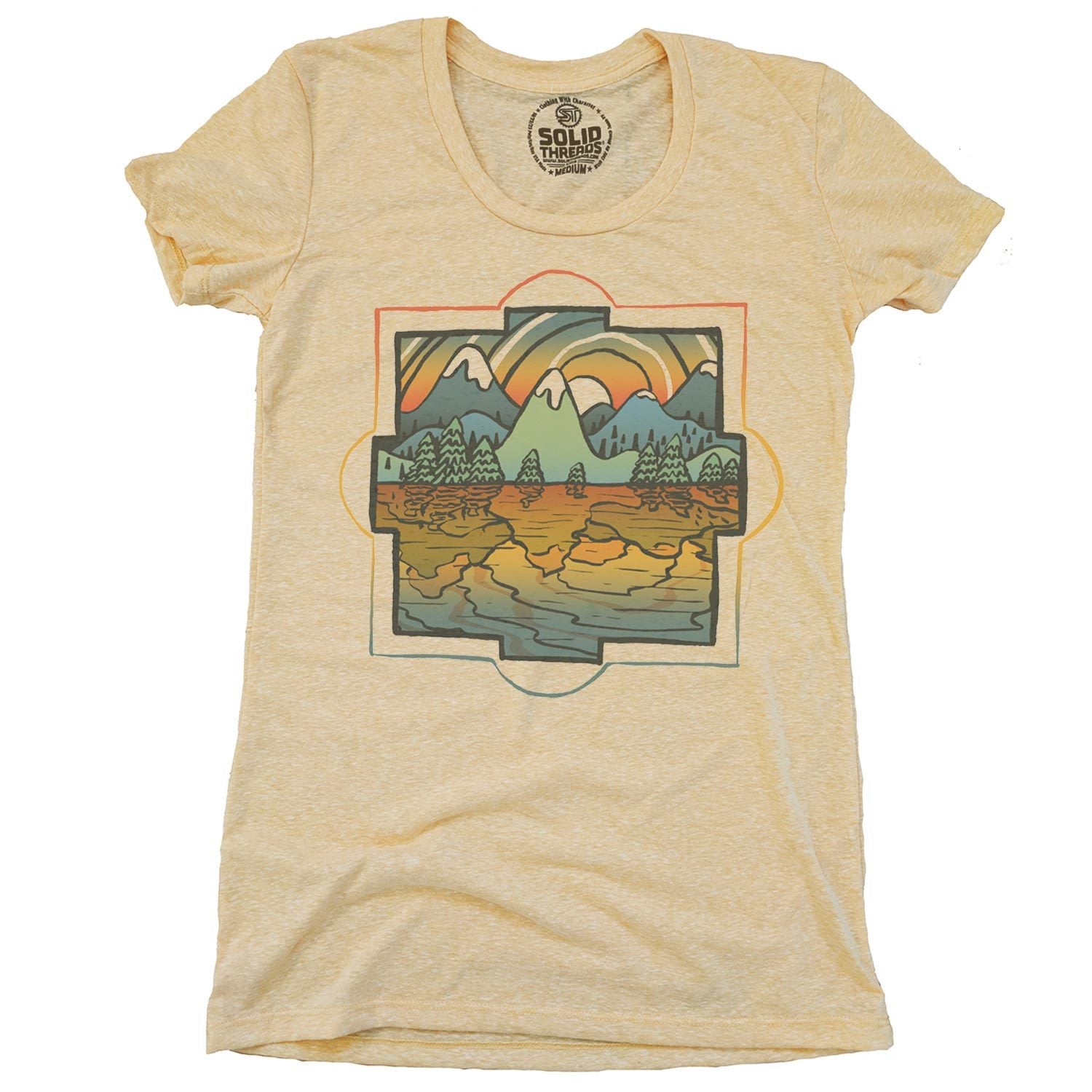 Women's Reflections Vintage Nature Graphic Tee | Retro Colorful Mountains T-Shirt | Solid Threads
