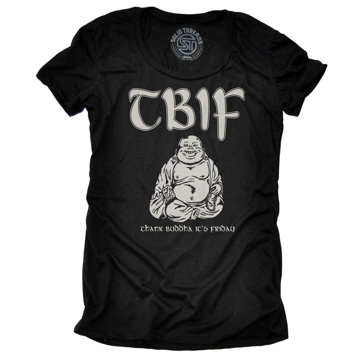 Women&#39;s Thank Buddha It&#39;s Friday Vintage Graphic T-Shirt | Funny Yogi Soft Tee | Solid Threads