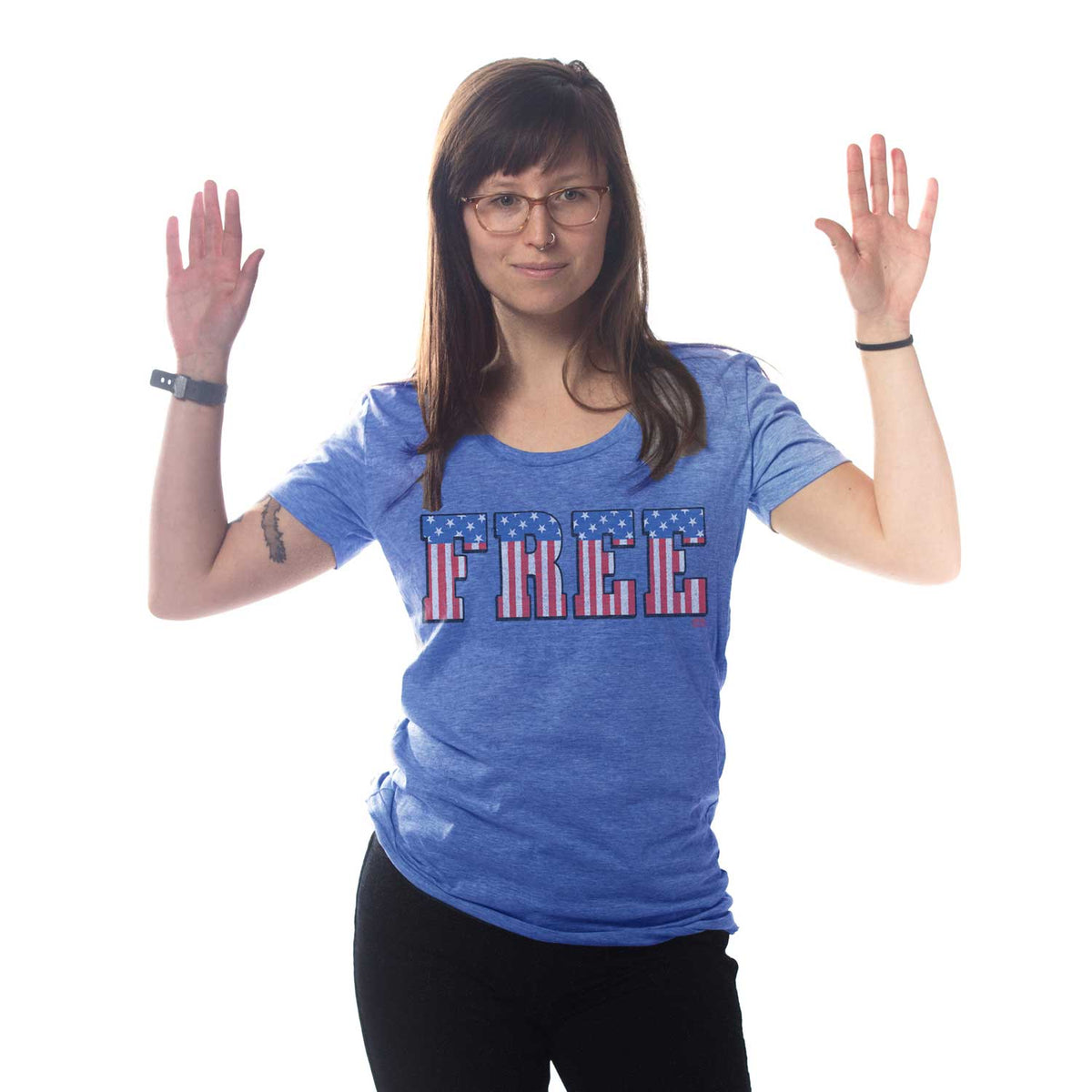 Women's America Free Cool Graphic T-Shirt | Vintage Fourth of July Tee on Model | Solid Threads