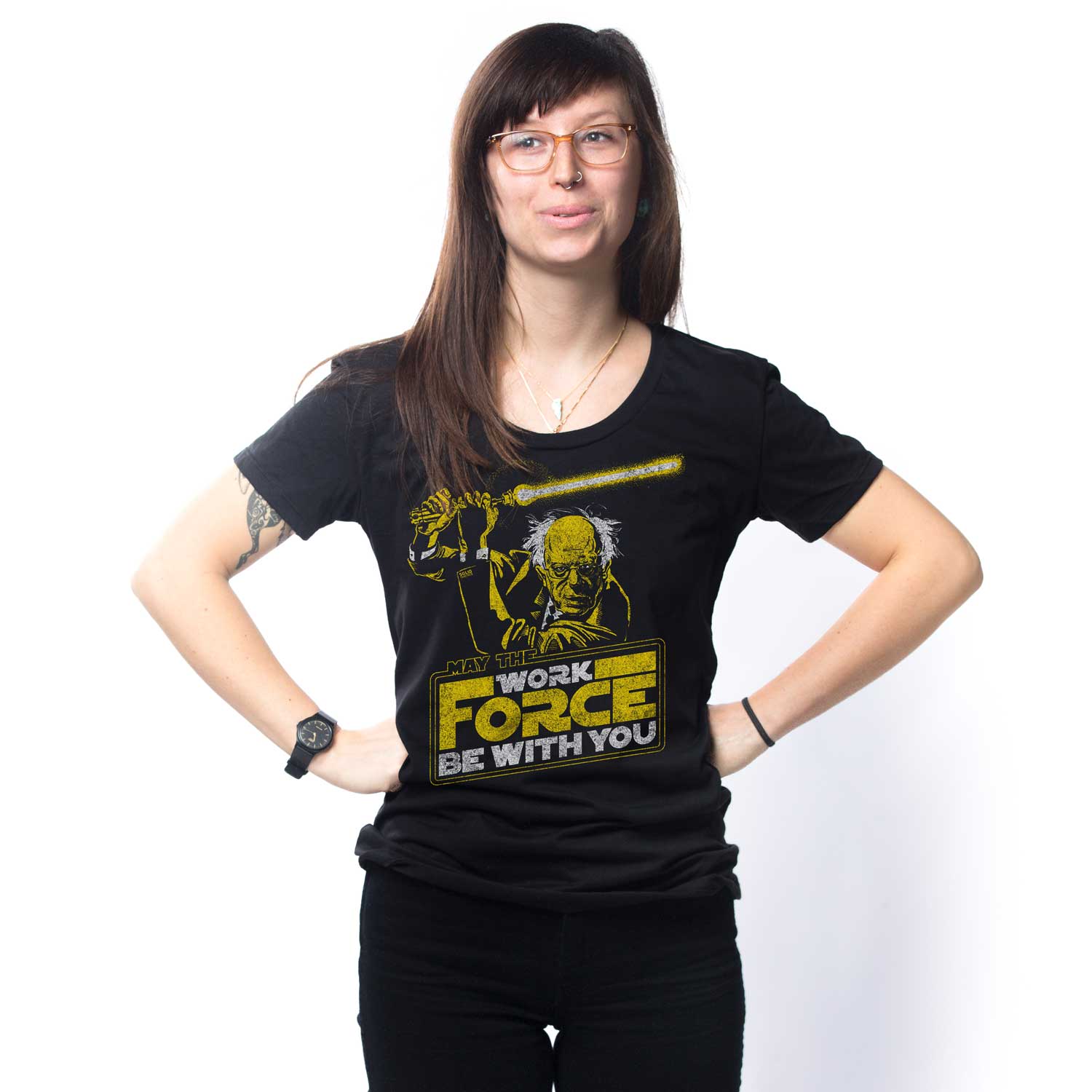 Women's Workforce Bernie Vintage Graphic T-Shirt | Funny Left Politics Tee on Model | Solid Threads