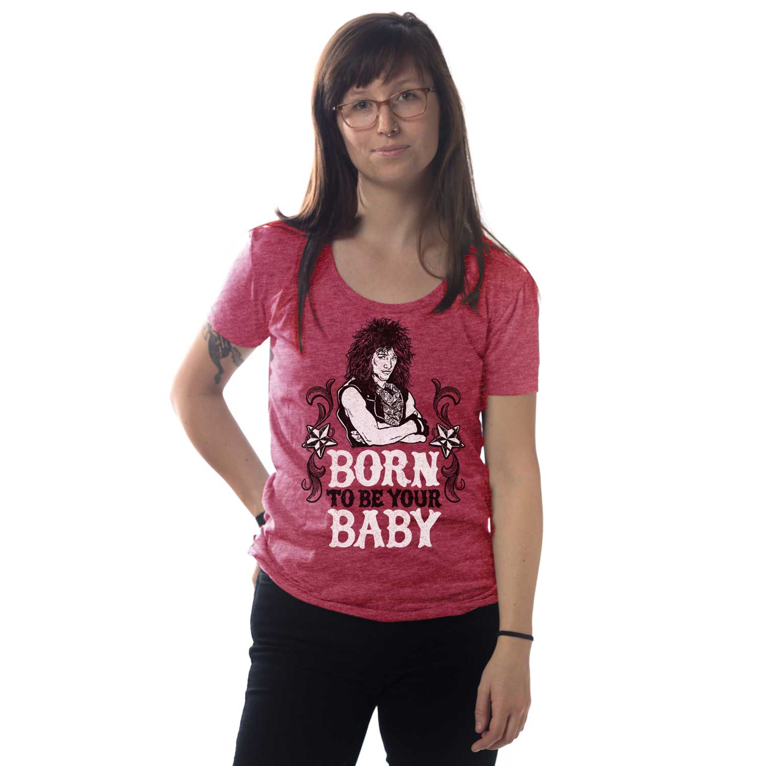 Women's Born To Be Your Baby Vintage Graphic Tee | Cool Bon Jovi T-shirt on Model | Solid Threads