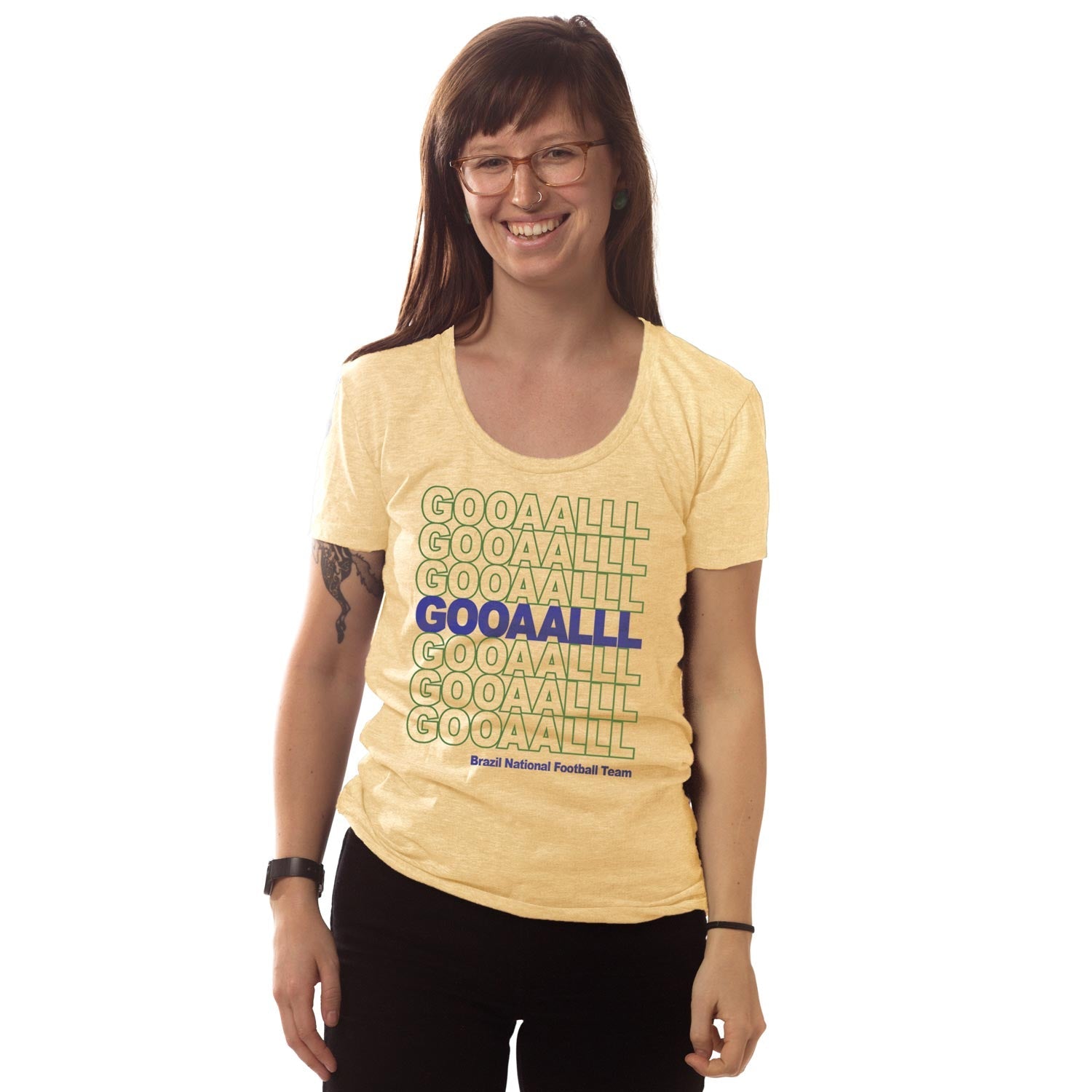 Women's Brazil Soccer Gooaalll Graphic Tee | Retro Futbol World Cup T-Shirt on Model | SOLID THREADS