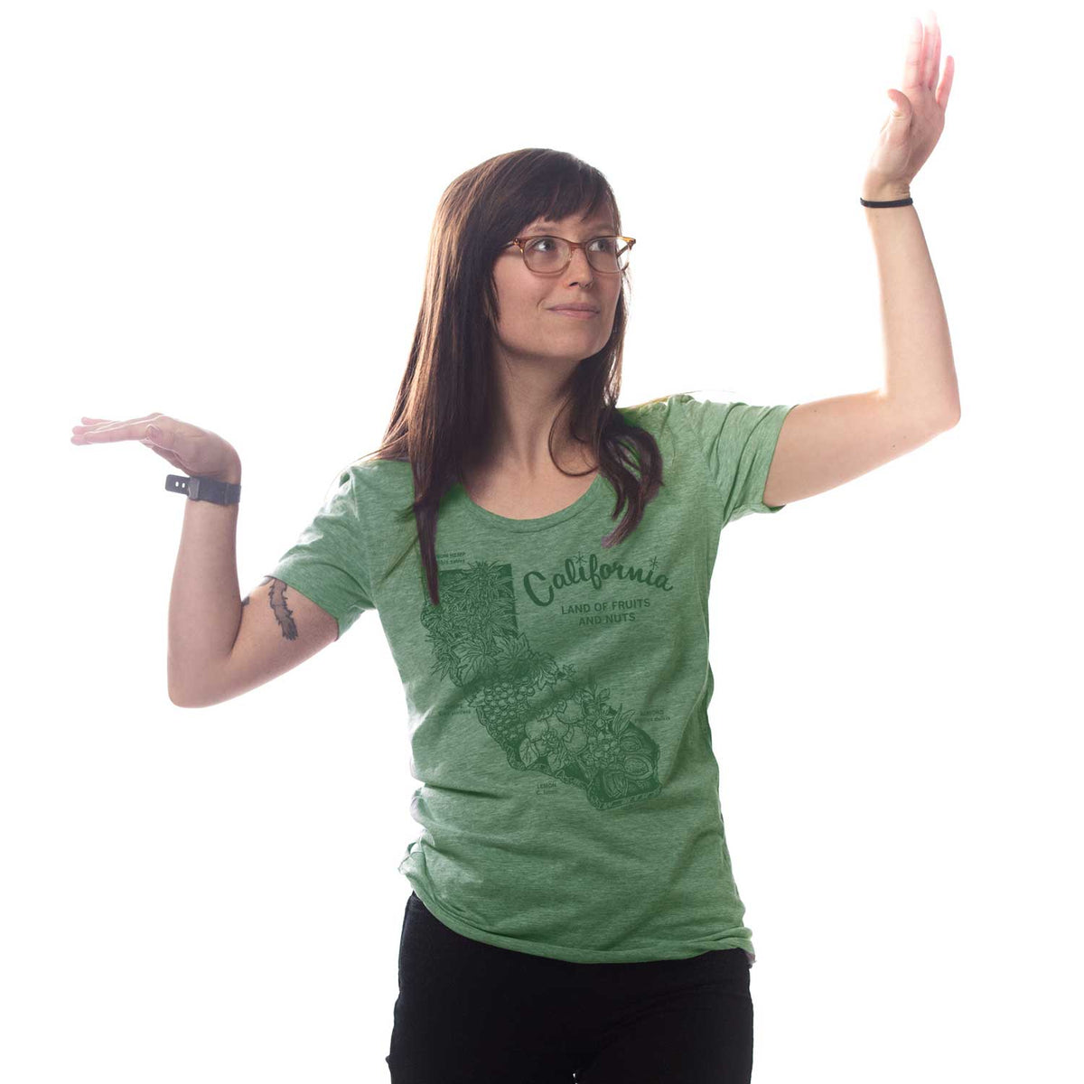 Women's Cali Fruits And Nuts Vintage Graphic T-Shirt | Funny West Coast Tee on Model | Solid Threads