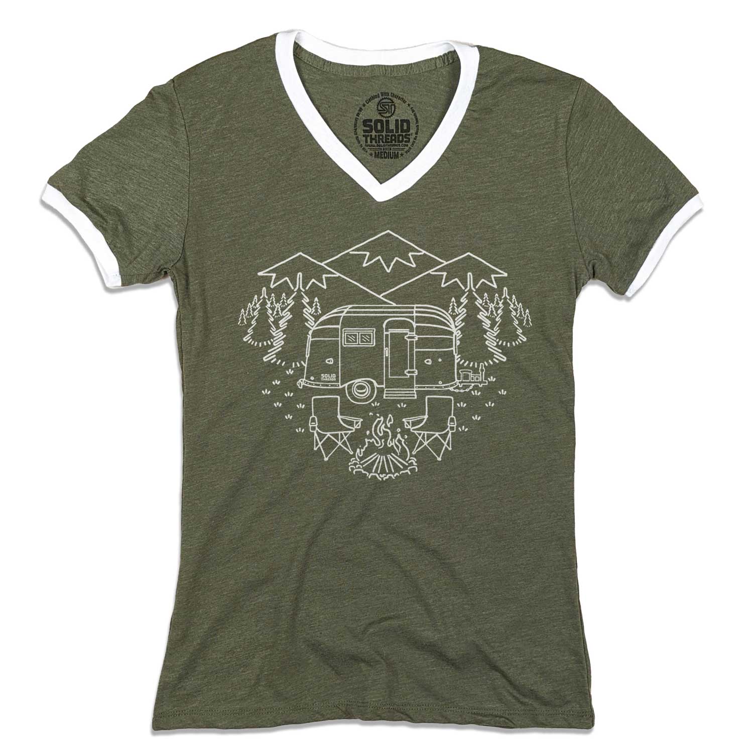 Women's Camp Site Vintage Graphic V-Neck Tee | Retro Airstream T-shirt | Solid Threads