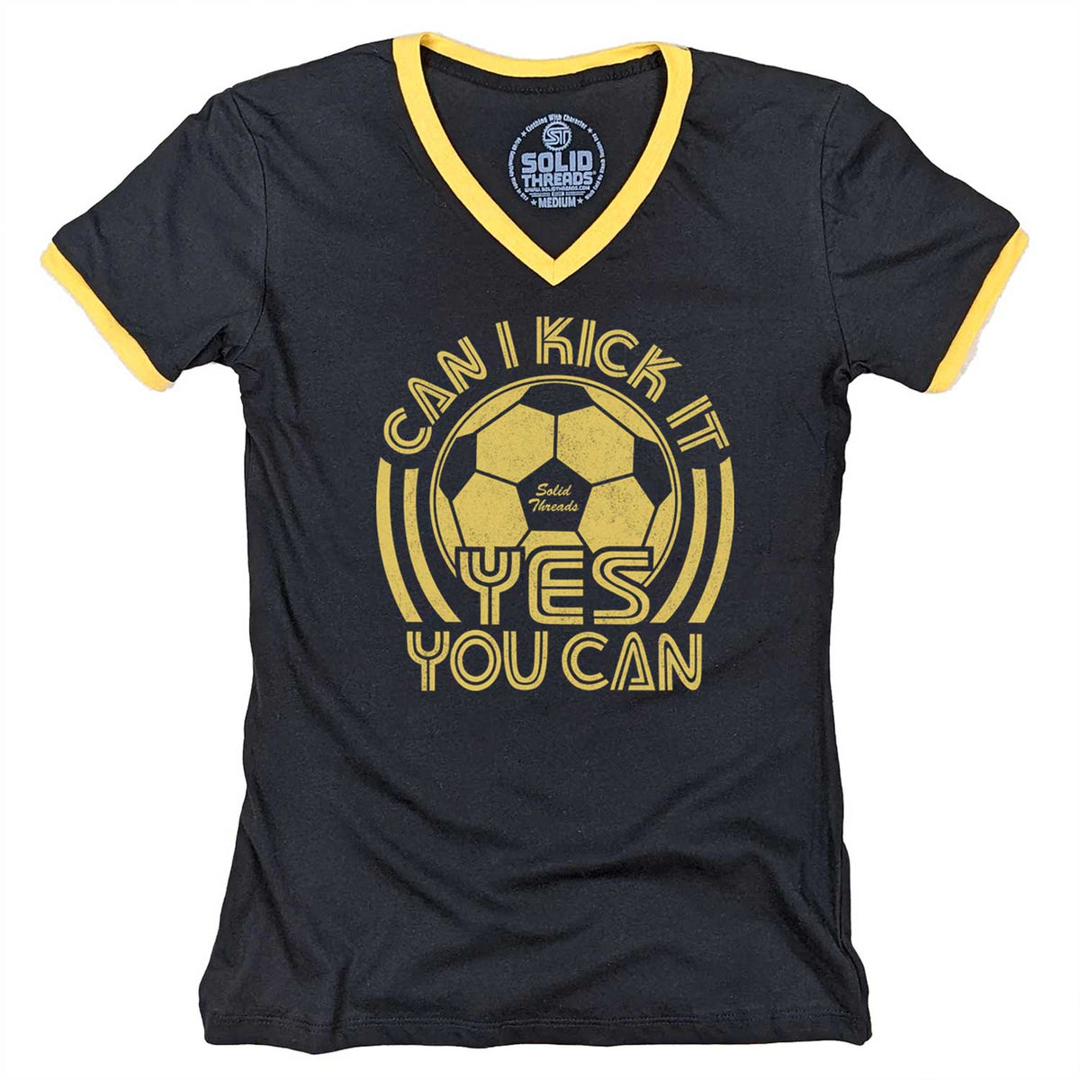 Women&#39;s Can I Kick It, Yes You Can Vintage Graphic V-Neck Tee | Funny Soccer T-shirt | Solid Threads