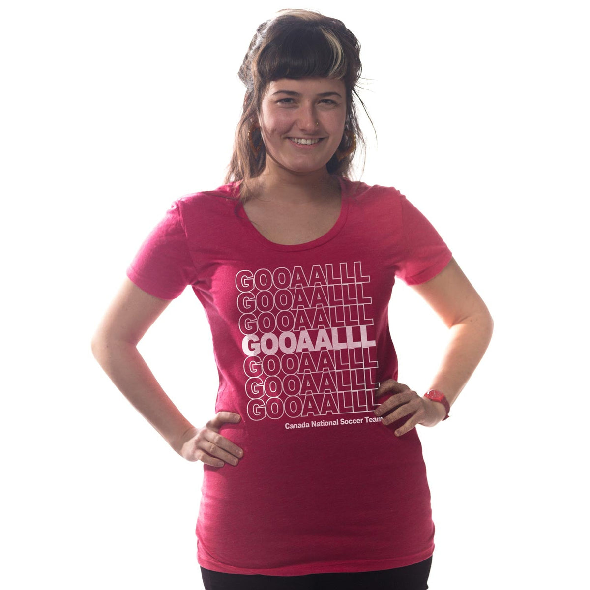 Women's Canada Soccer Gooaalll Retro Graphic Tee | Cool World Cup T-Shirt on Model | SOLID THREADS