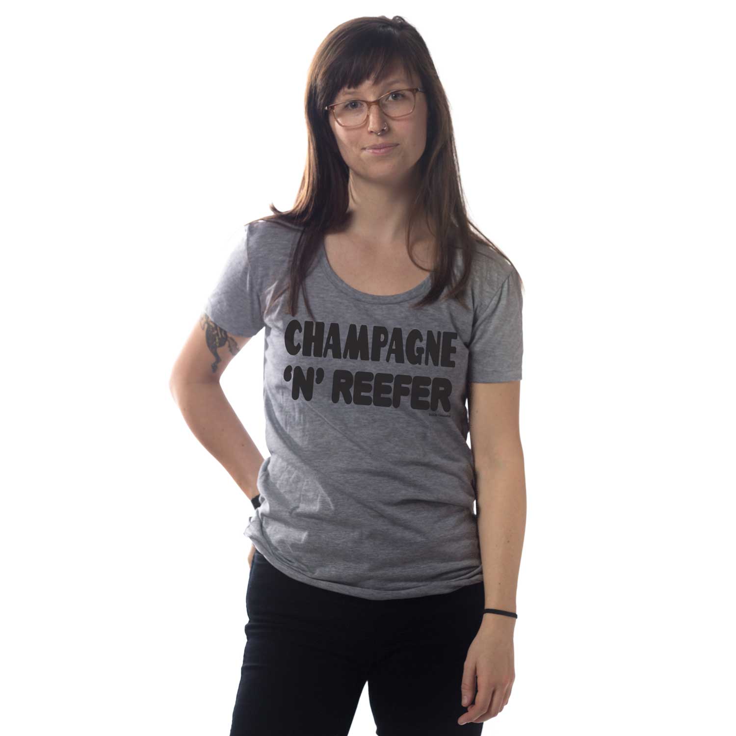 Women's Champagne & Reefer Vintage T-shirt | Retro Drinking Graphic Tee on Model | Solid Threads