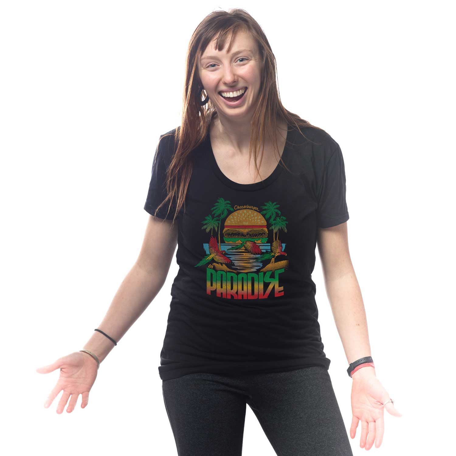 Women's Cheeseburger Paradise Graphic Tee | Cool Jimmy Buffet Black T-shirt on Model | Solid Threads
