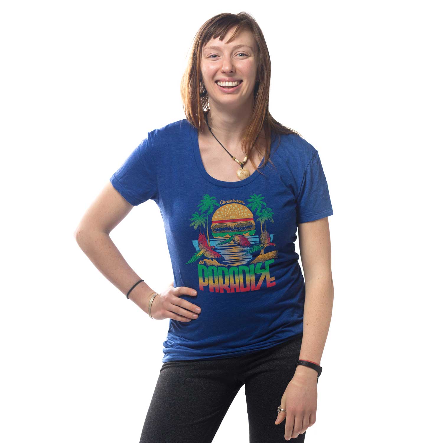 Women's Cheeseburger Paradise Graphic Tee | Cool Jimmy Buffet Royal T-shirt on Model | Solid Threads