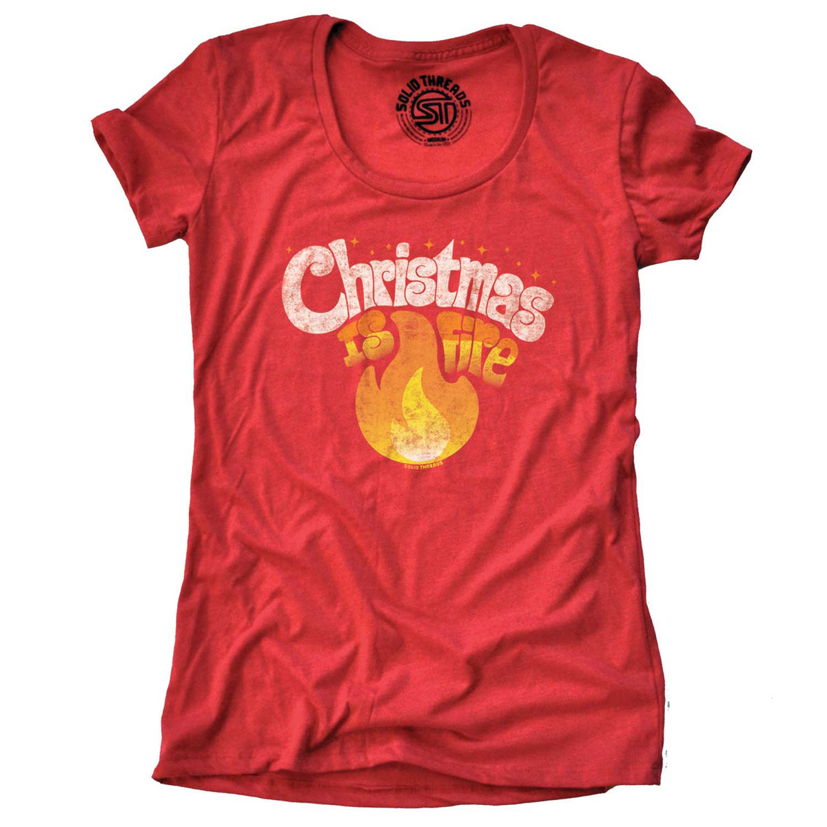Women&#39;s Christmas Is Fire Vintage Graphic T-Shirt | Funny Holiday Party Tee | Solid Threads