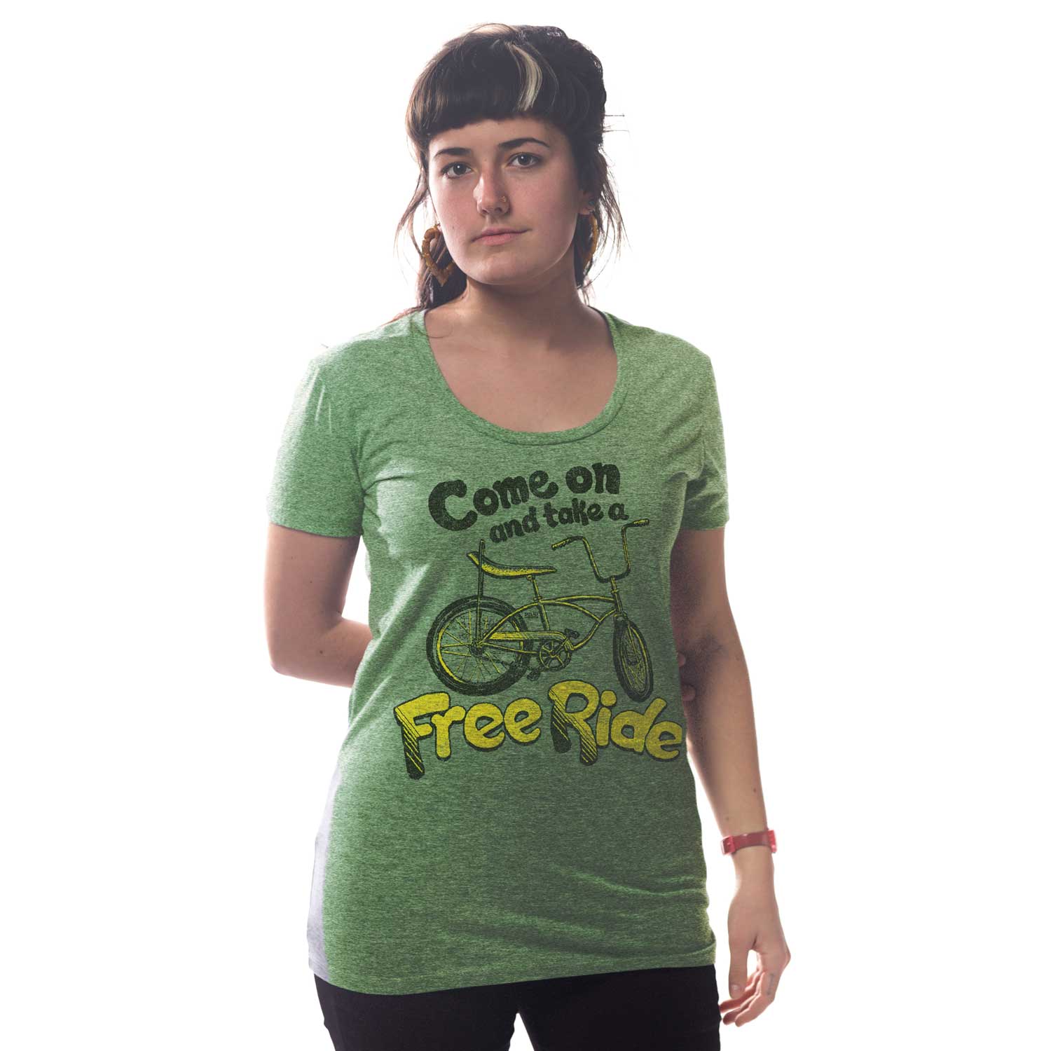 Women's Come On And Take A Free Ride Vintage Graphic T-Shirt | Funny Bicycle Tee | Solid Threads