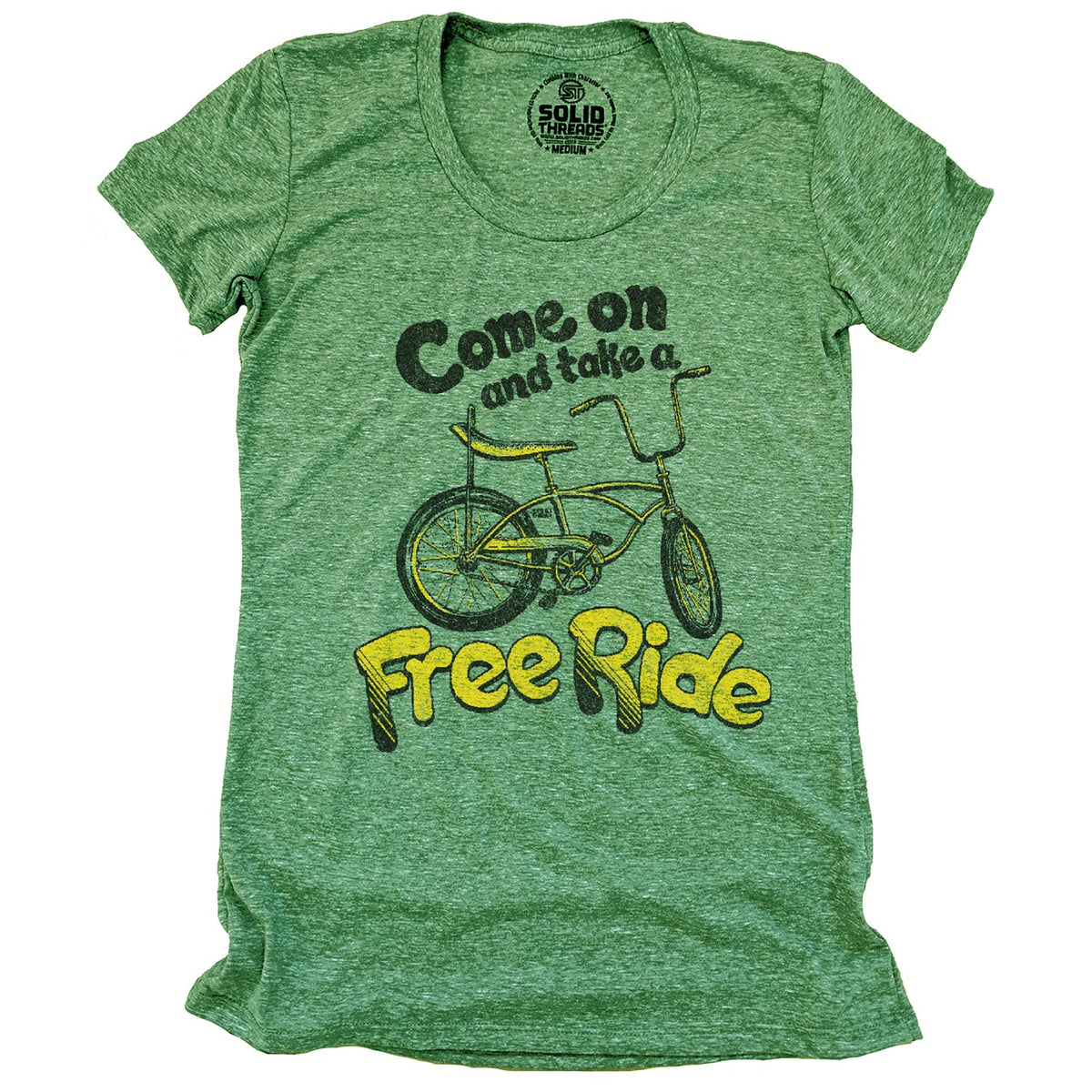 Women&#39;s Come On And Take A Free Ride Vintage Graphic T-Shirt | Funny Bicycle Tee | Solid Threads