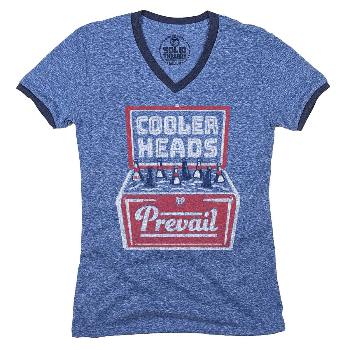 Women&#39;s Cooler Heads Vintage Graphic V-Neck Tee | Funny Beer T-Shirt | Solid Threads 