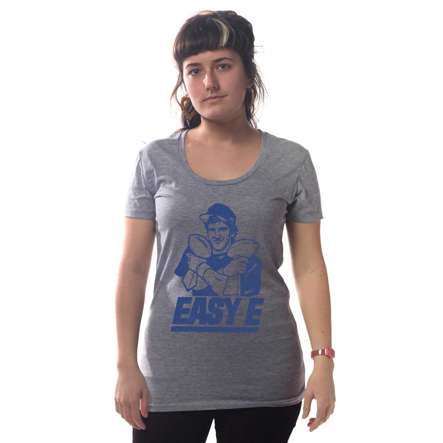 Women's Easy E Funny Graphic Tee | Vintage NY Giants Eli Manning T-Shirt on Model | SOLID THREADS