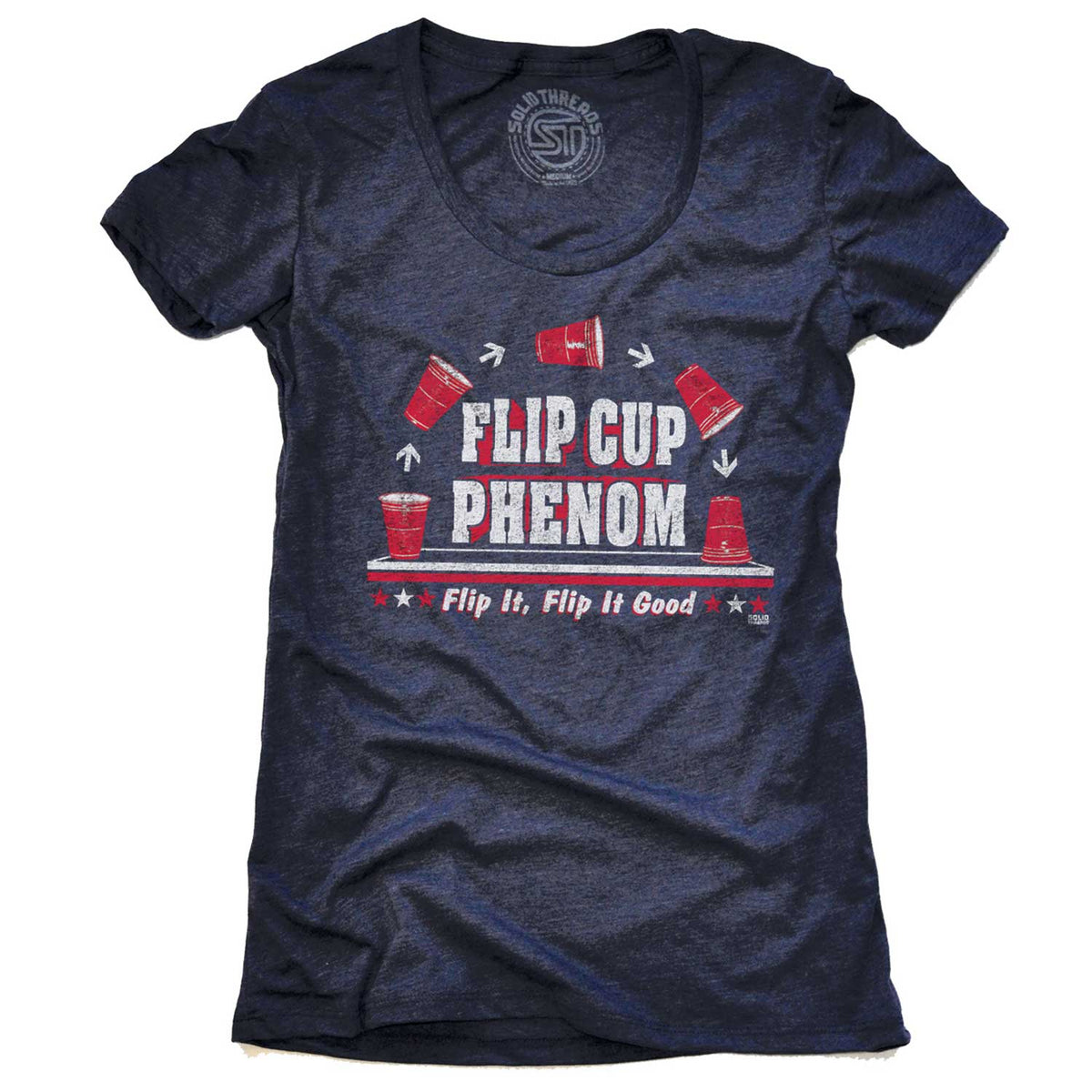 Women&#39;s Flip Cup Phenom Vintage Graphic T-Shirt | Funny Drinking Game Tee | Solid Threads