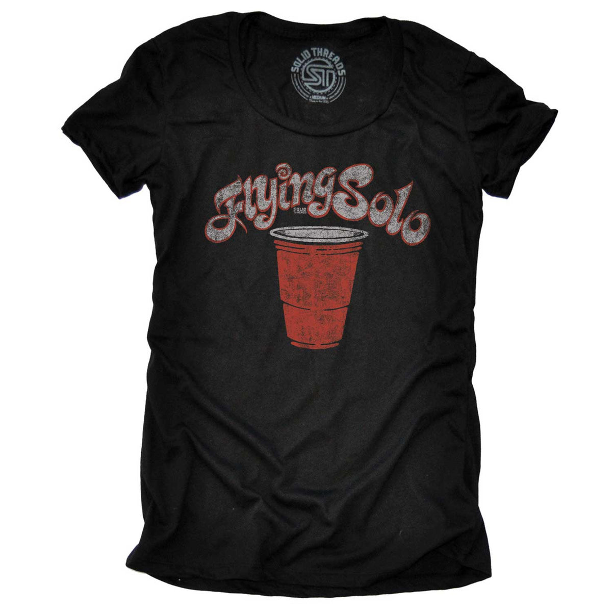 Women&#39;s Flying Solo Vintage Inspired T-shirt | Funny Drinking Graphic Tee | Solid Threads