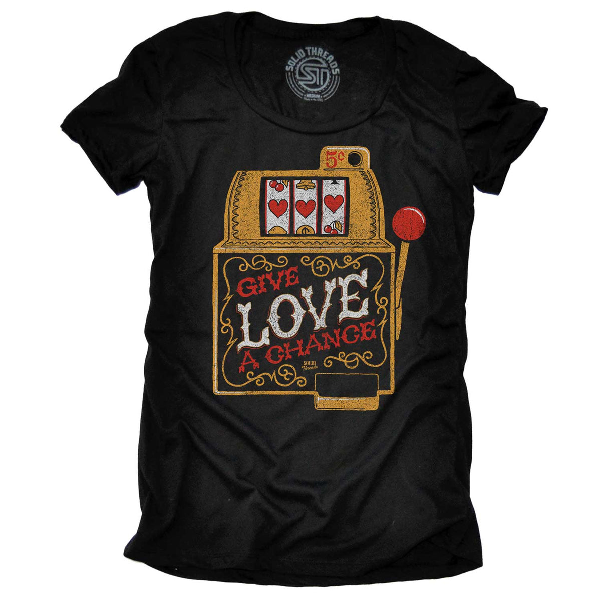 Women&#39;s Give Love A Chance Vintage Graphic Tee | Cool Slot Machine T-shirt for Women | Solid Threads