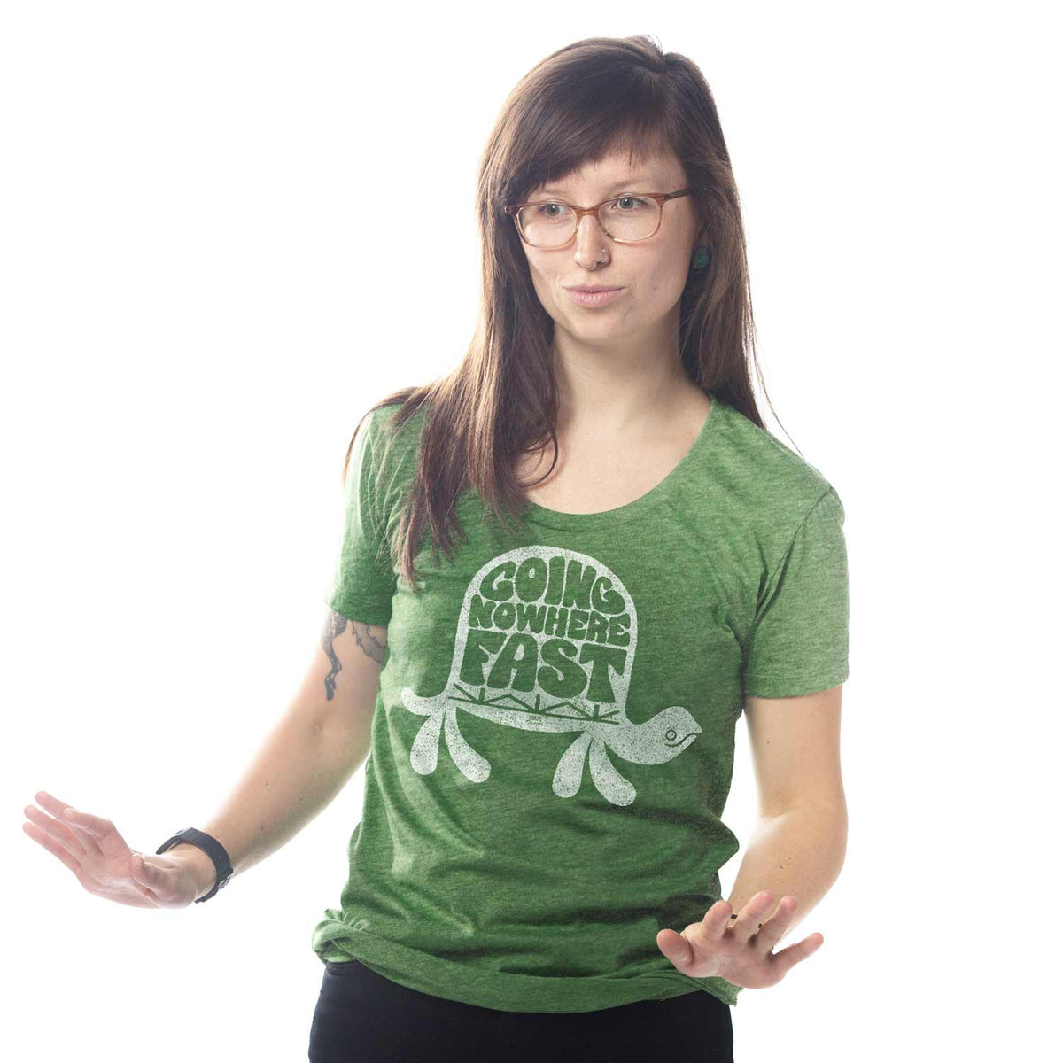 Women's Going Nowhere Fast Vintage T-shirt | Funny Turtle Graphic Tee On Model | Solid Threads