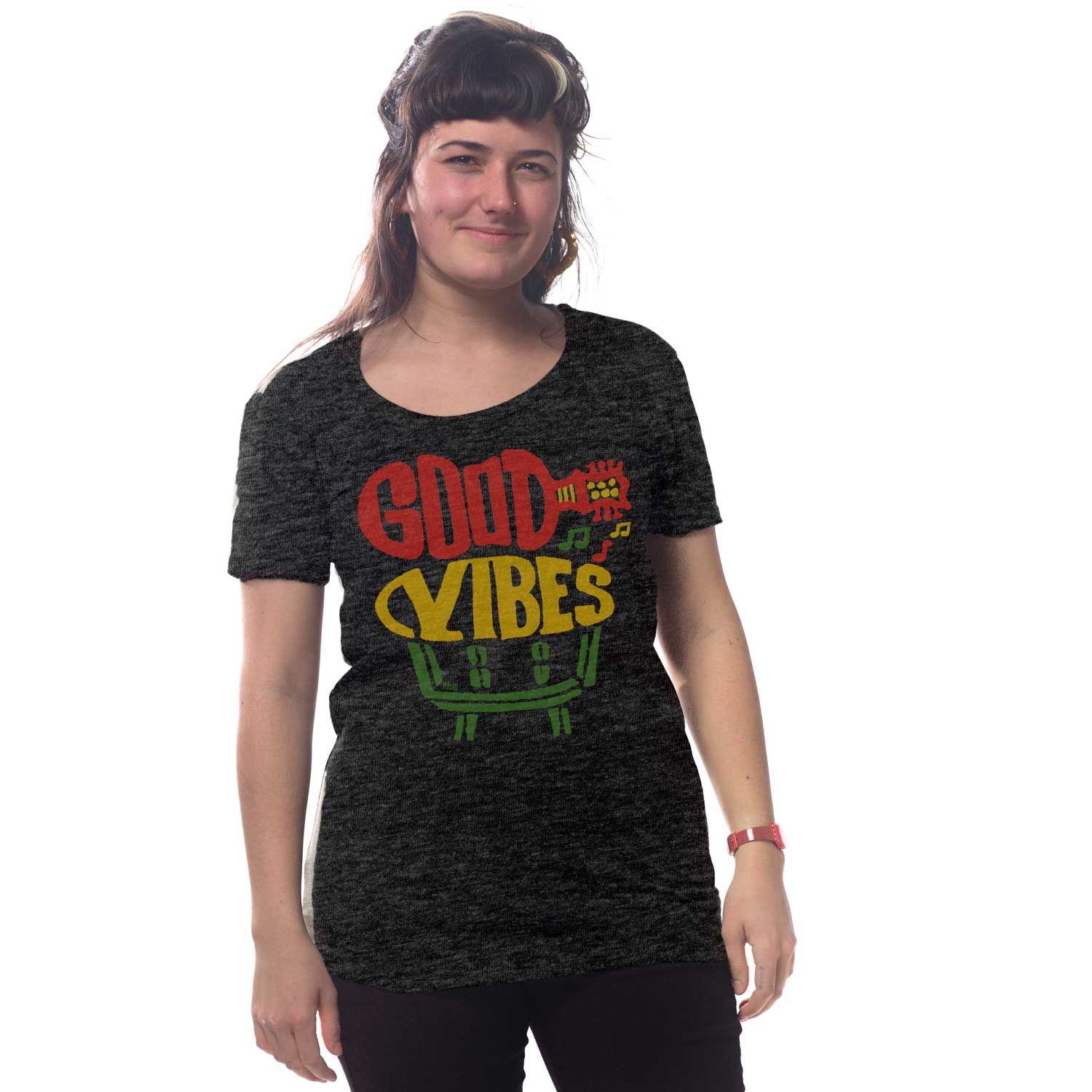 Women's Good Vibes Vintage Inspired T-shirt | Retro Jamaican Graphic Tee On Model | Solid Threads