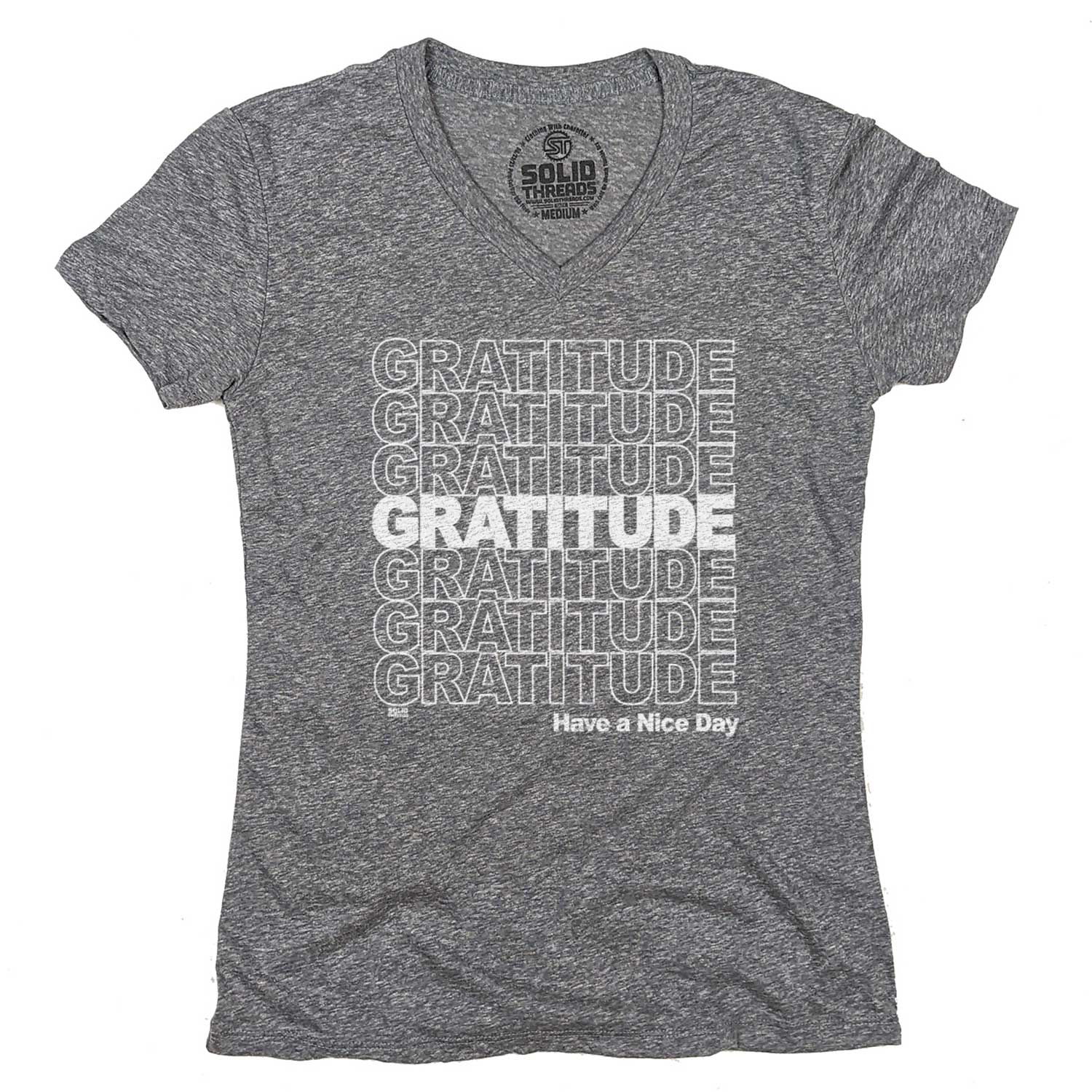 Women's Gratitude Vintage Graphic V-Neck Tee | Retro Mindfulness T-shirt | Solid Threads
