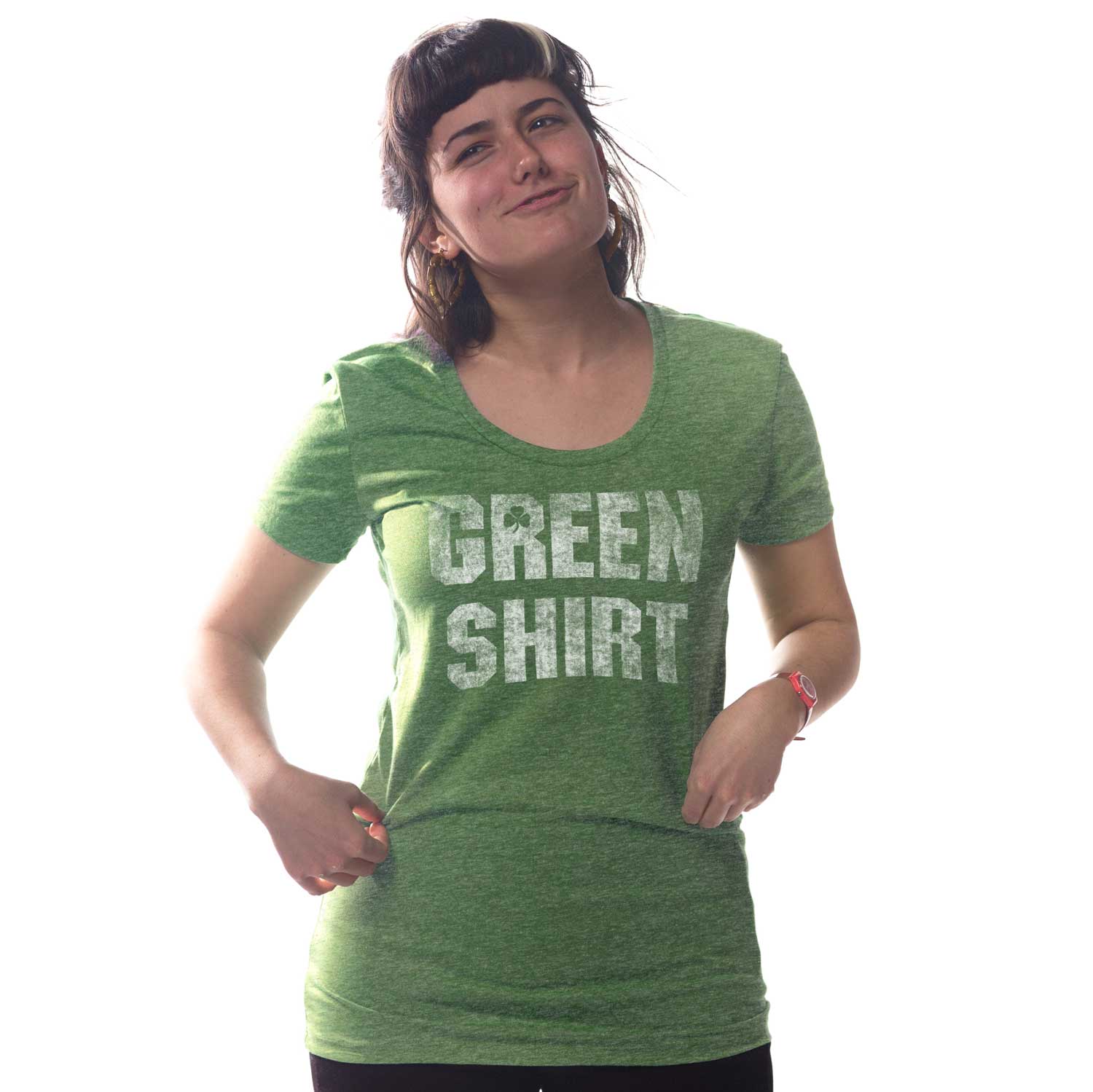 Women's Green Shirt Cool Graphic T-Shirt | Vintage St Paddy's Day Tee on Model | Solid Threads