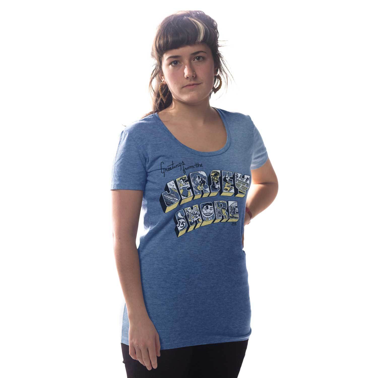 Women's Greetings from the Jersey Shore Vintage Inspired Scoopneck tee-shirt with funny, New Jersey graphic | Solid Threads