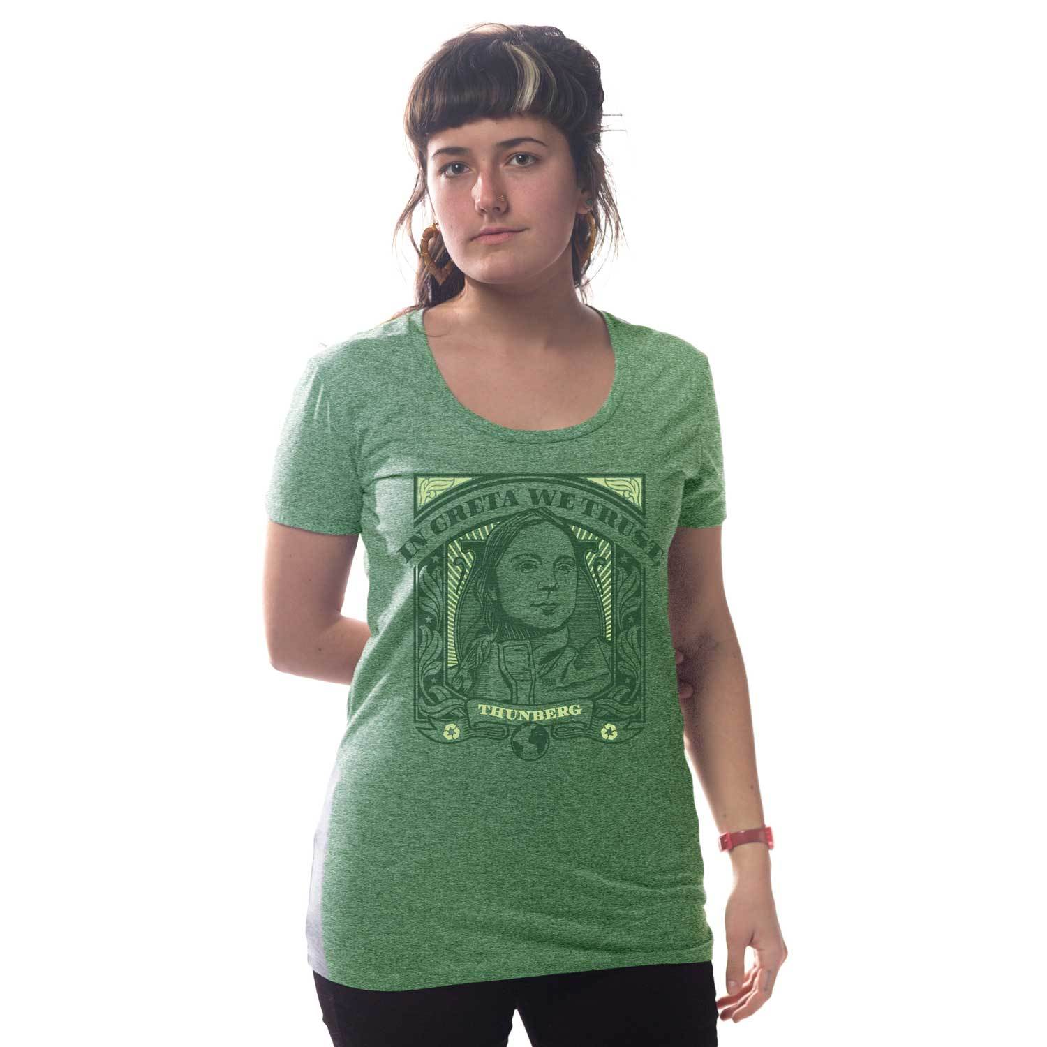 Women's In Greta Thunberg We Trust Vintage Inspired Scoopneck T-Shirt | Retro Environmental Activism Graphic Tee | Solid Threads