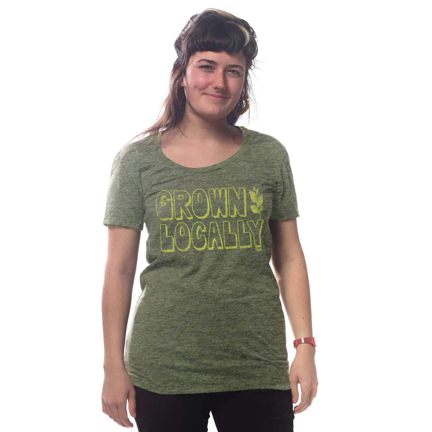 Women's Grown Locally Vintage T-Shirt | Retro Farm To Table Graphic Tee On Model | Solid Threads