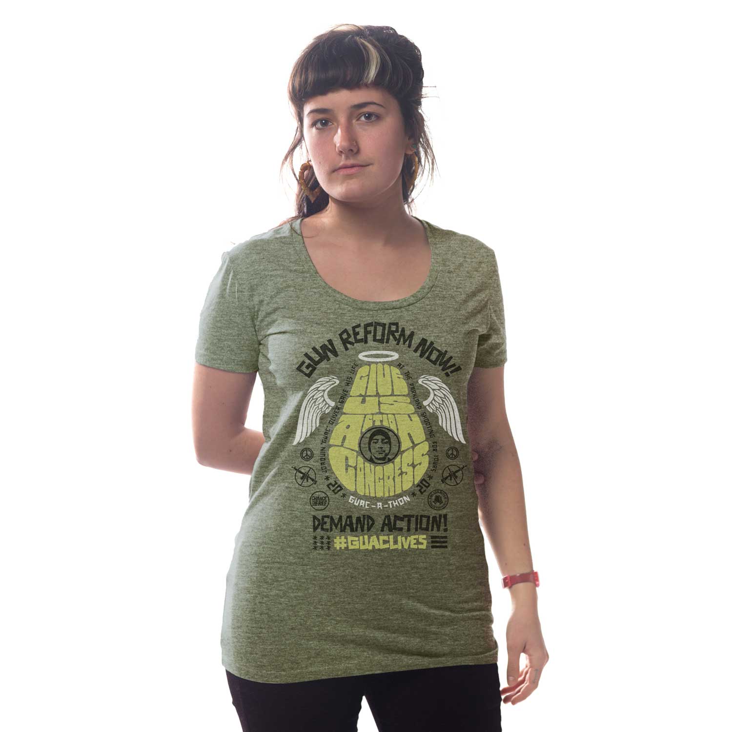 Women's Guac A Thon 2020 Anti Violence Graphic T-Shirt | Vintage Peace Tee on Model | Solid Threads