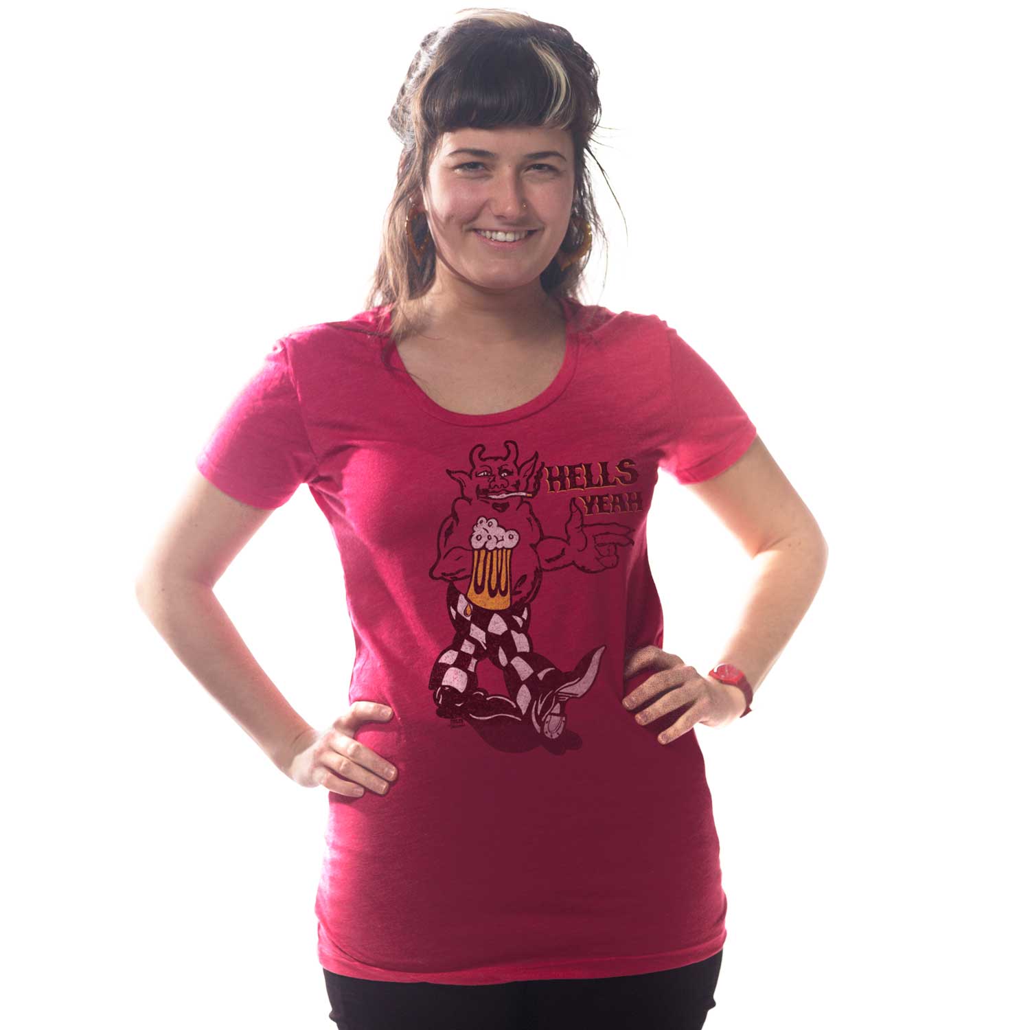 Women's Hells Yeah Retro Devil Graphic T-Shirt | Funny Party Fiend Soft Tee on Model | Solid Threads