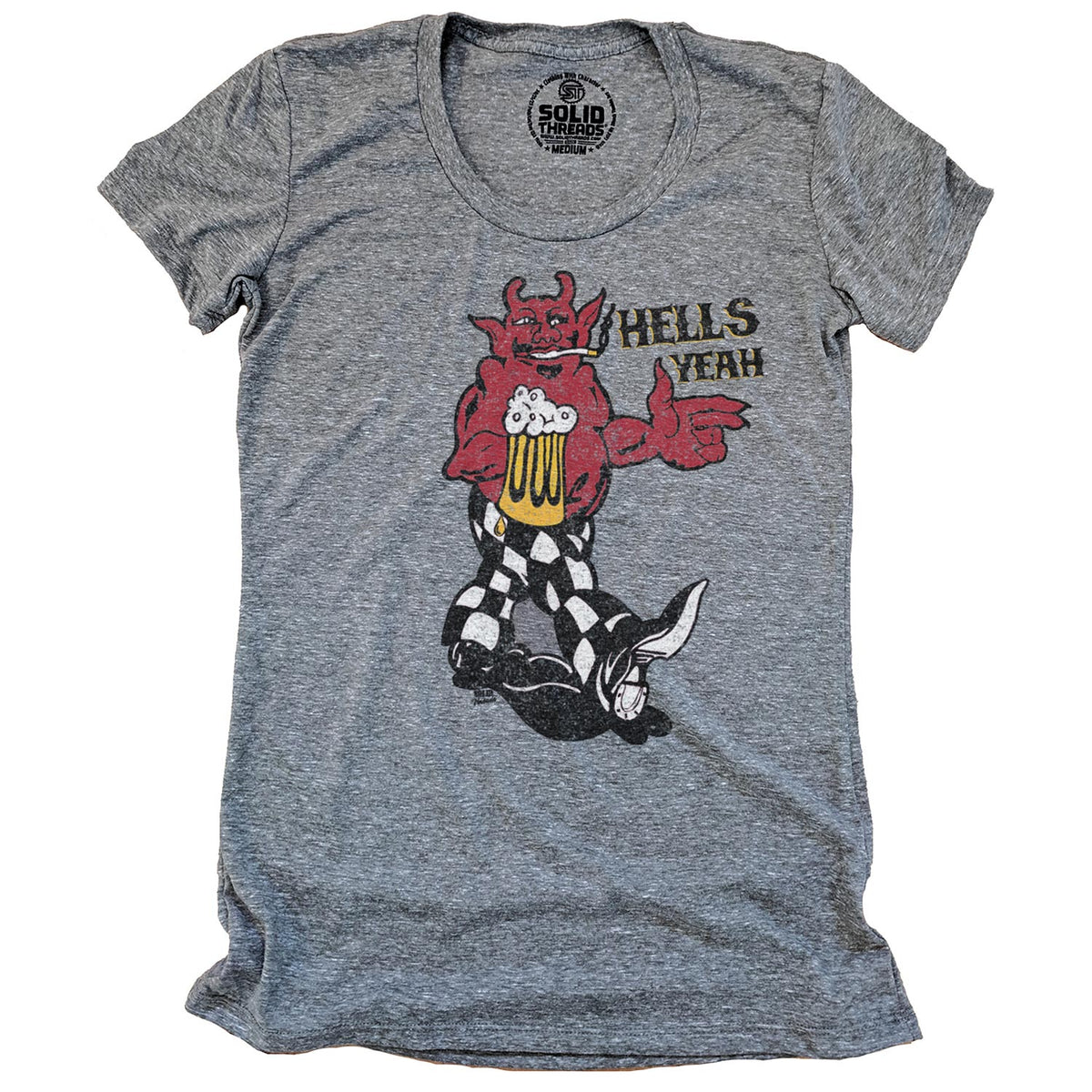 Women&#39;s Hells Yeah Vintage Devil Graphic T-Shirt | Funny Party Fiend Triblend Tee | Solid Threads