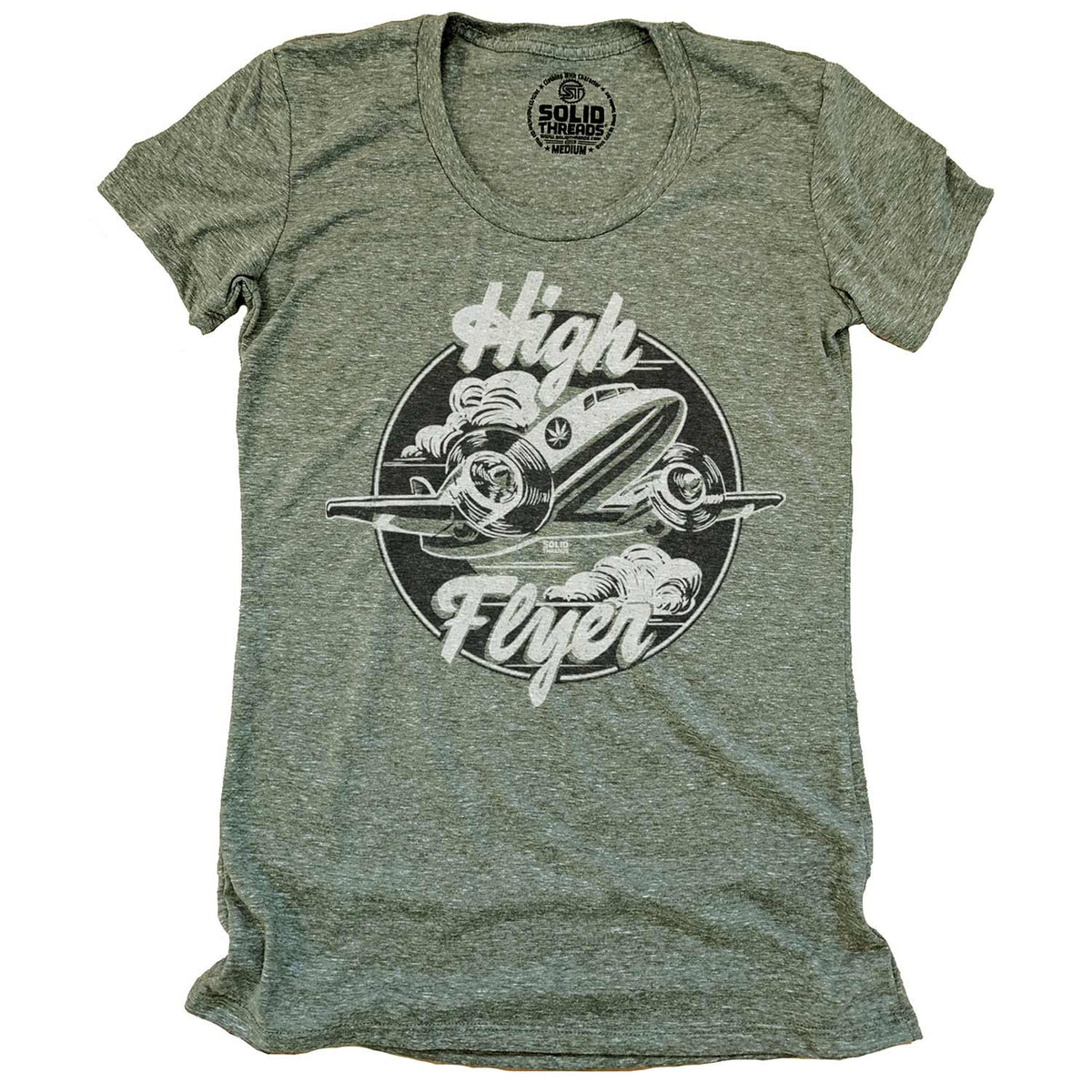 Women&#39;s High Flyer Vintage Airplane Graphic T-Shirt | Funny Marijuana Tee | Solid Threads