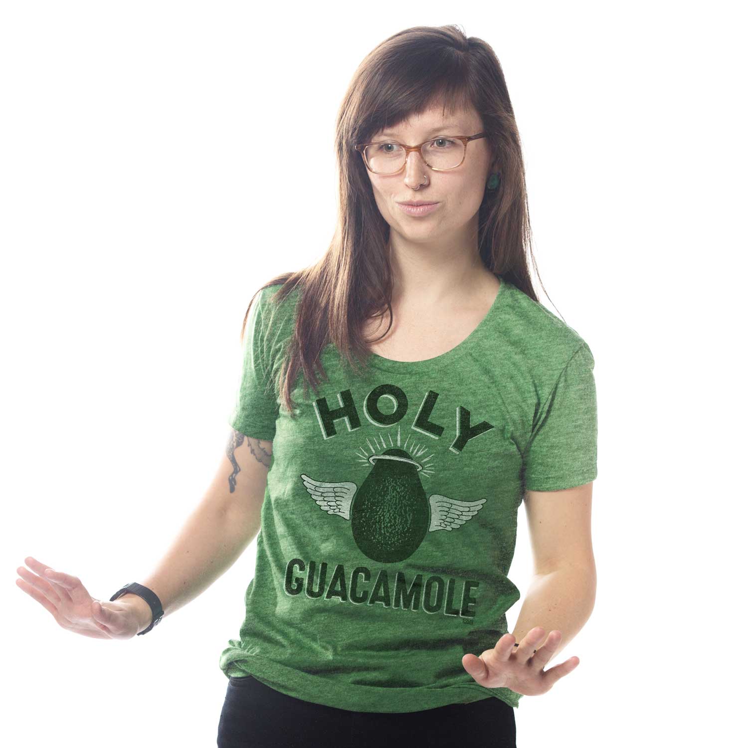 Women's Holy Guacamole Retro Foodie Graphic | Cute Avocado Triblend T-shirt on Model | SOLID THREADS