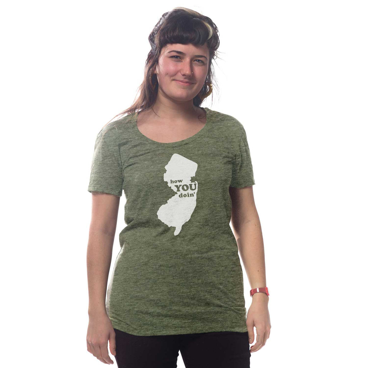 Women's How You Doin' Vintage NJ Graphic T-Shirt | Funny New Jersey Tee on Model | Solid Threads