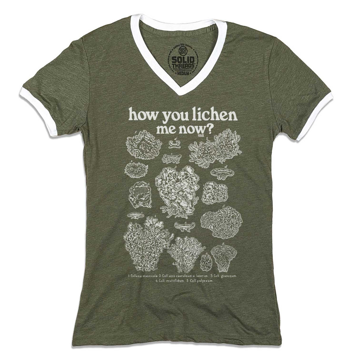 Women&#39;s How You Lichen Me Now Vintage Graphic V-Neck Tee | Funny Moss T-shirt | Solid Threads